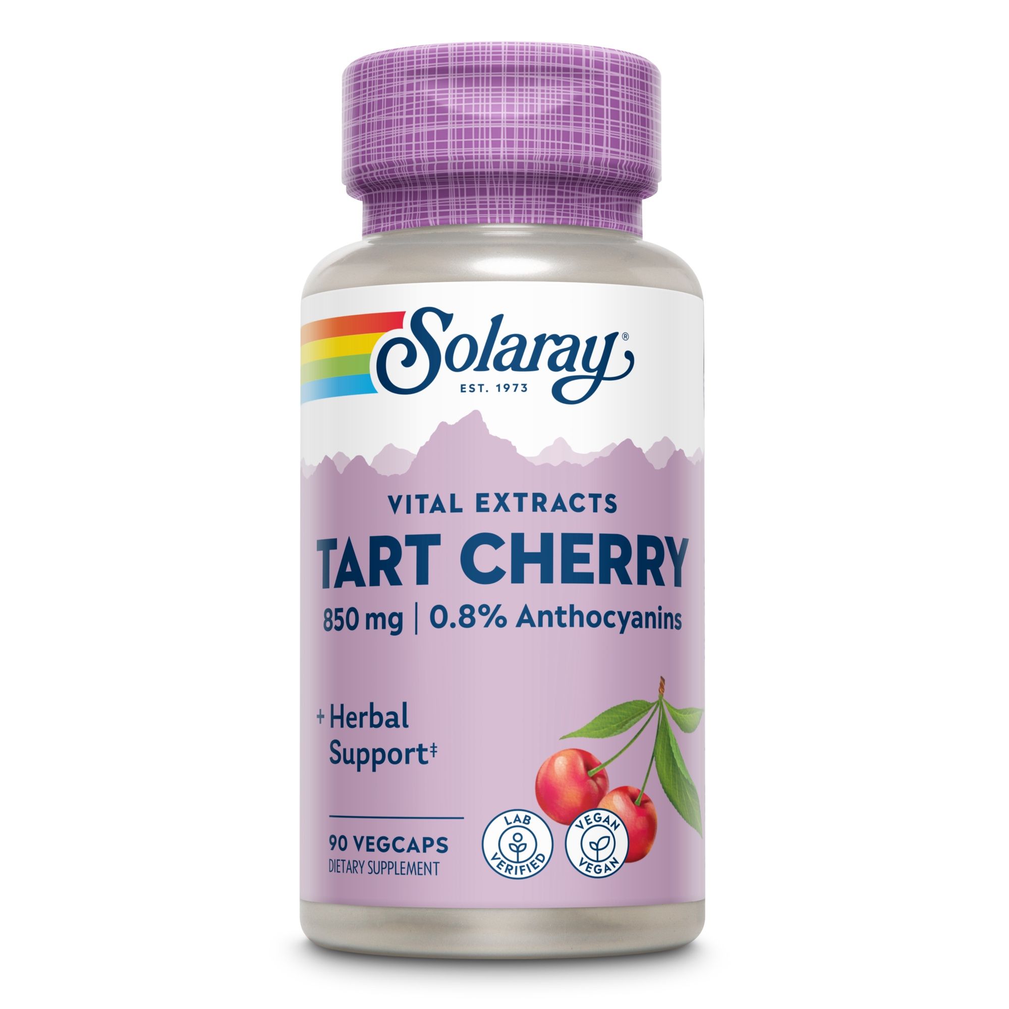 Solaray Sauerkirsche Flasche. Text: Vital Extracts, Tart Cherry, 850 mg, 0.8% Anthocyane. 90 Vegcaps. Mit Illustration von Kirschen.