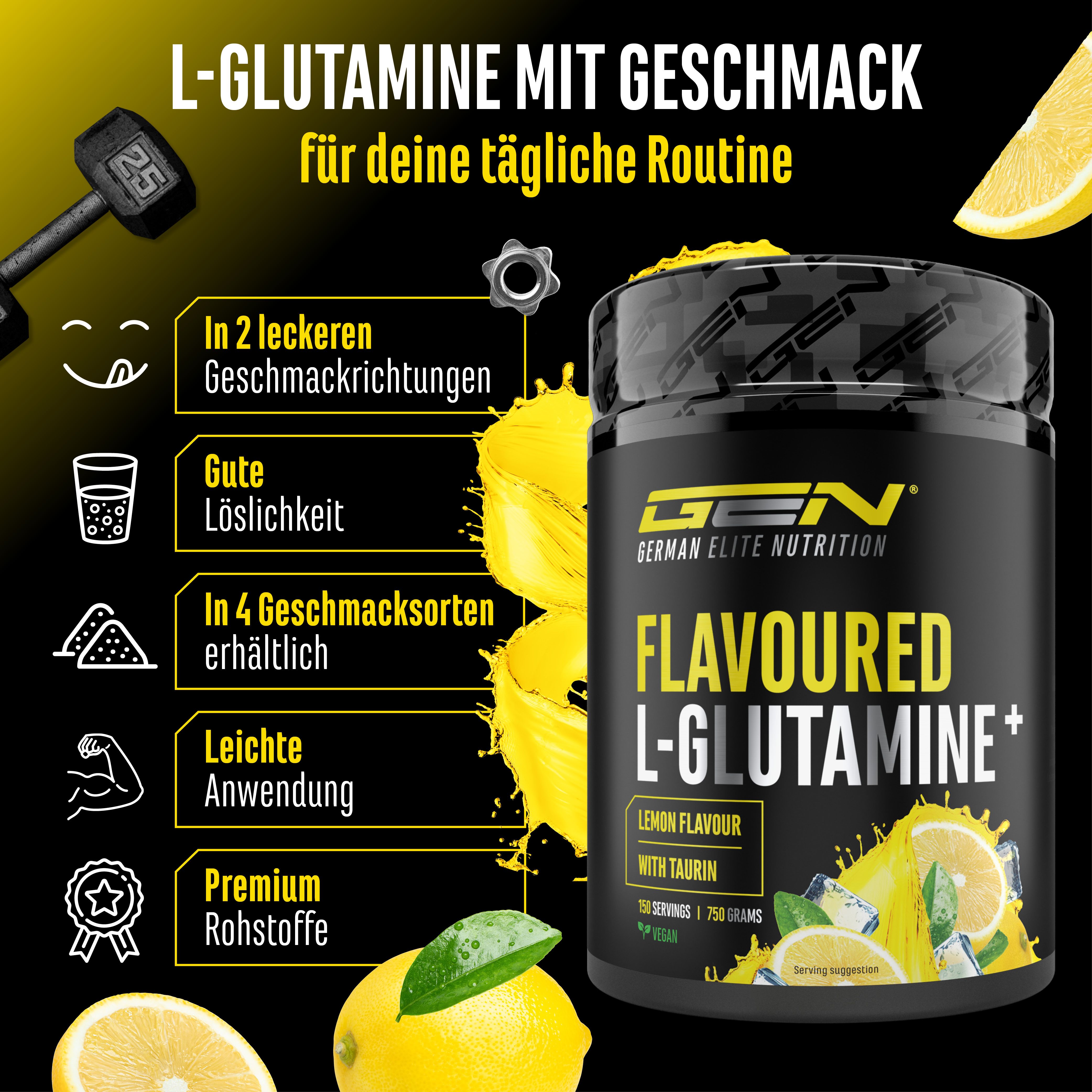 Dose GEN Flavoured L-Glutamine+. Zitrone. In 2 Geschmacksrichtungen erhältlich. Premium Rohstoffe.