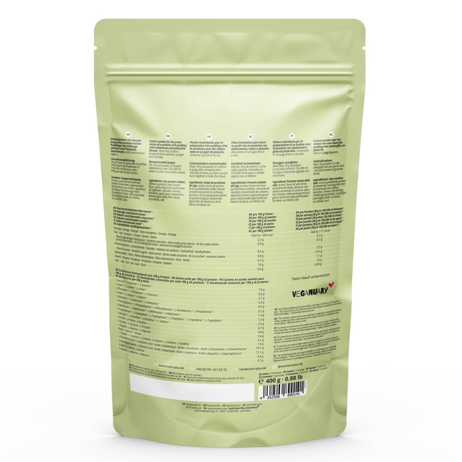 Rückseite der Protein Pudding Verpackung. Enthält Nährwertangaben, Zutatenliste und weitere Produktinformationen.