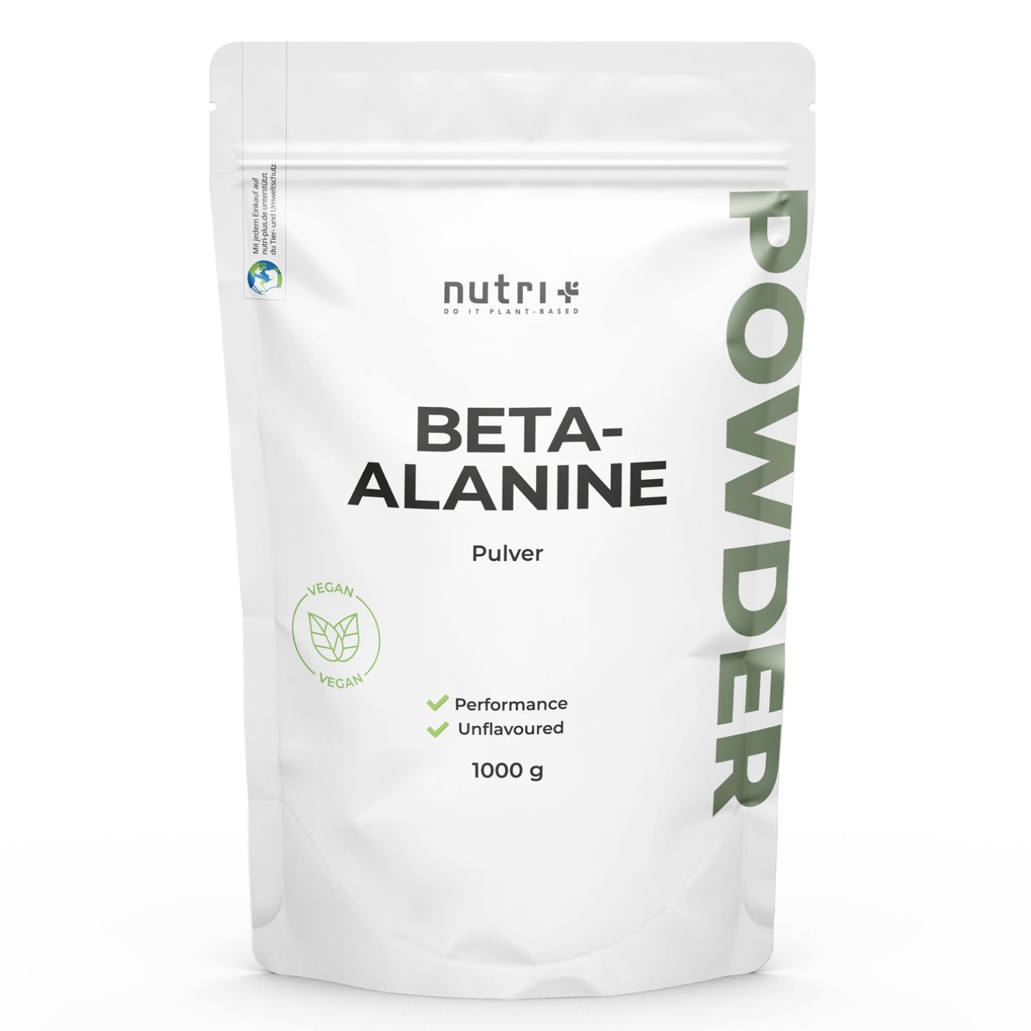 Weiße Verpackung mit Beta-Alanin Pulver. Text: Vegan, 1000 g, Performance, Unflavoured.