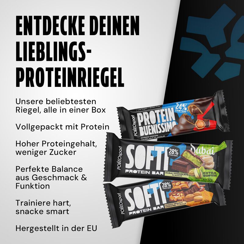 Drei Proteinriegel-Verpackungen. Text: PolleoSport, Protein Buenissimo, Softi Protein Bar. Aufschrift: 24%, 28%. Hintergrund: Schwarz, weiß.