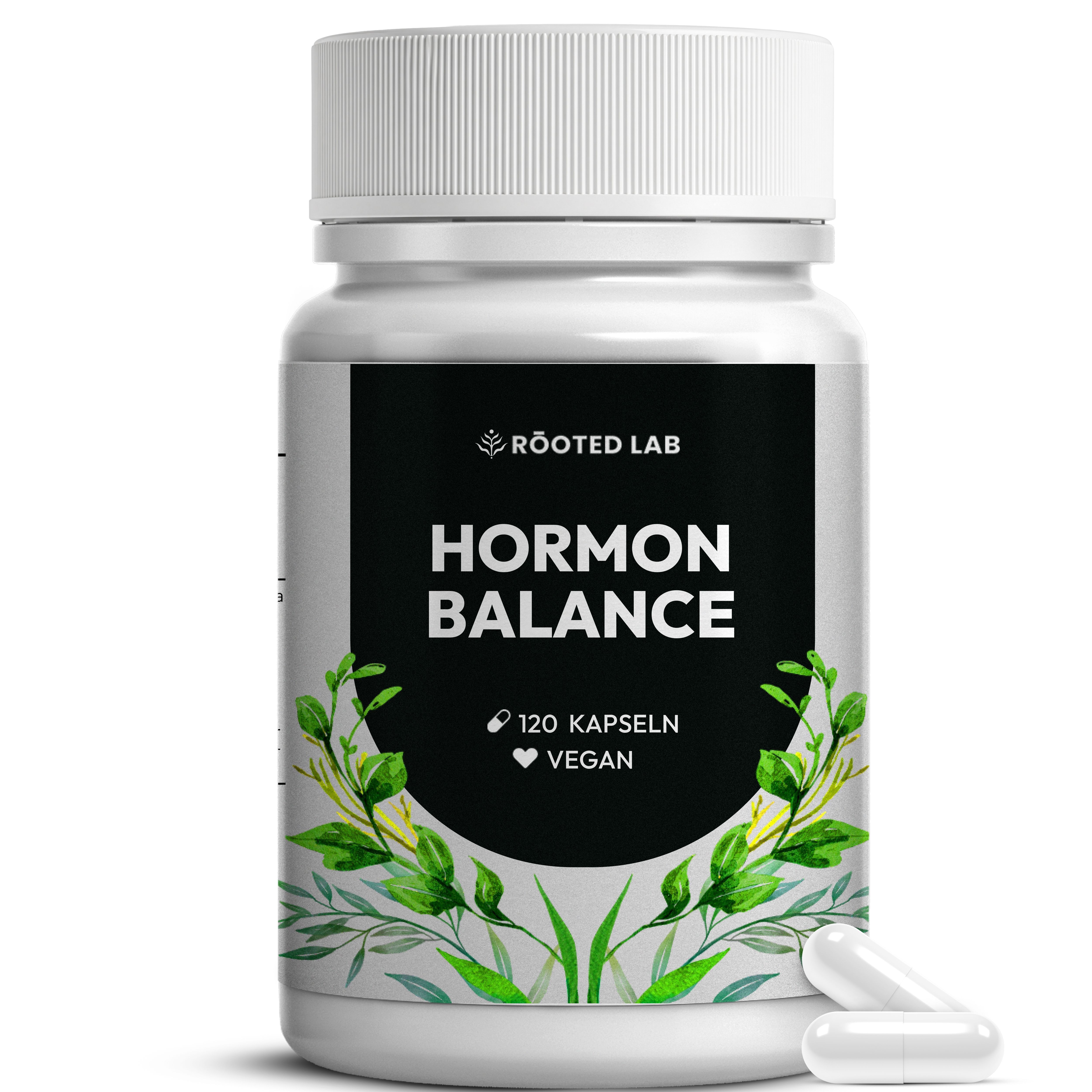 Hormon Balance Kapseln: Weiße Flasche mit schwarzem Etikett, 120 Kapseln, vegan.