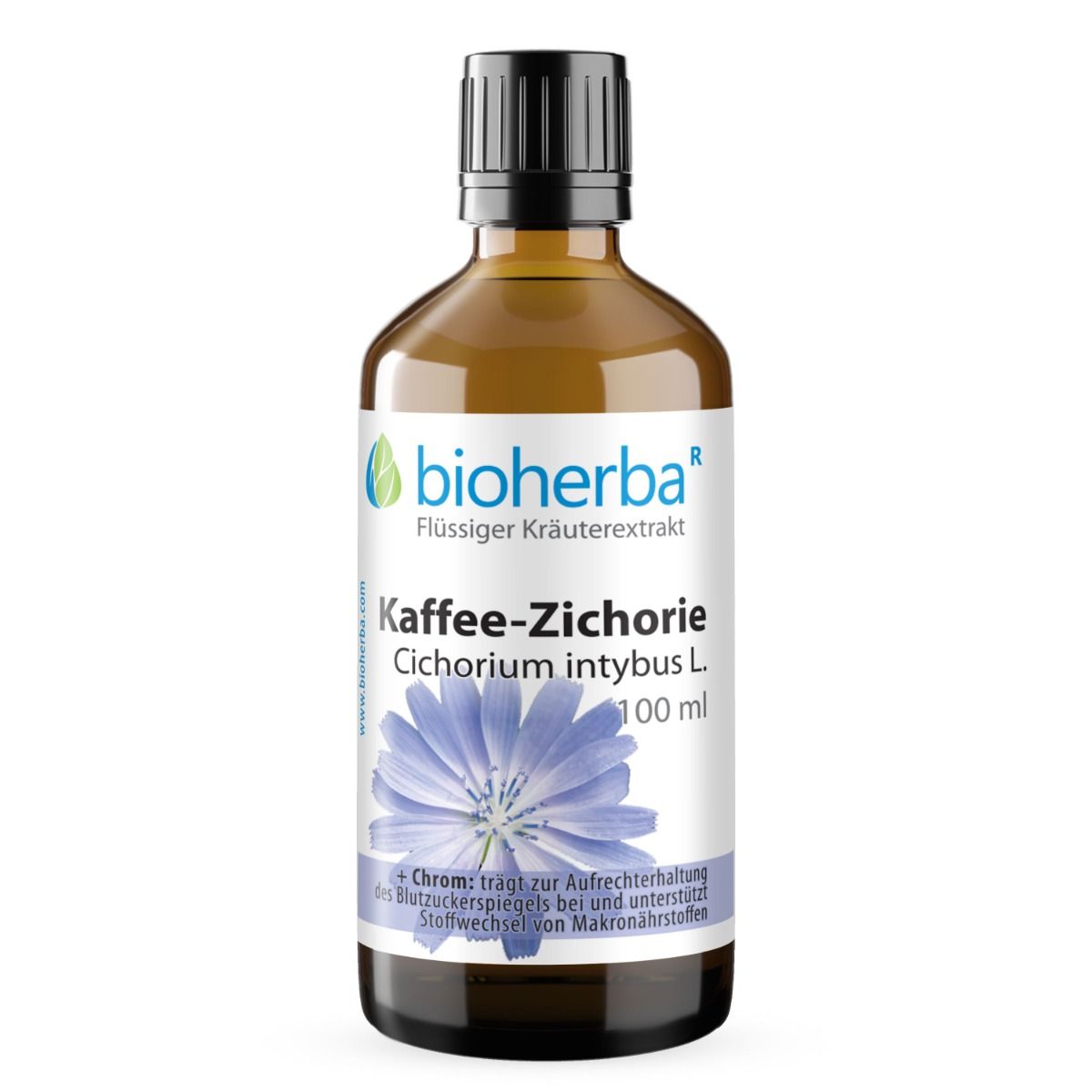 Braune Glasflasche mit schwarzem Deckel. Etikett mit Text: Kaffee-Zichorie, Cichorium intybus L., 100 ml, Bioherba.