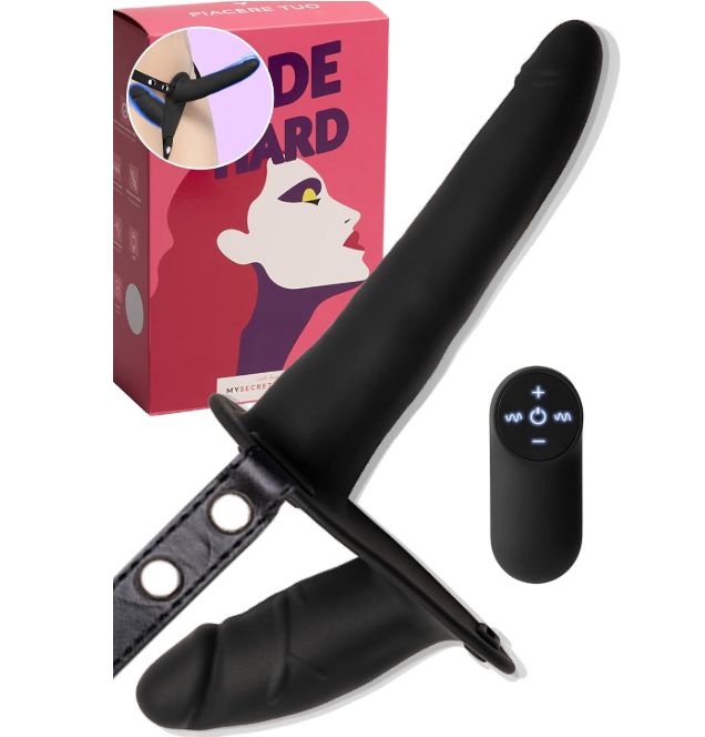 Schwarzer Vibrator mit breiter Basis, 15 cm lang, 4 cm Durchmesser. Inklusive Ladekabel, Anleitung und Fernbedienung.