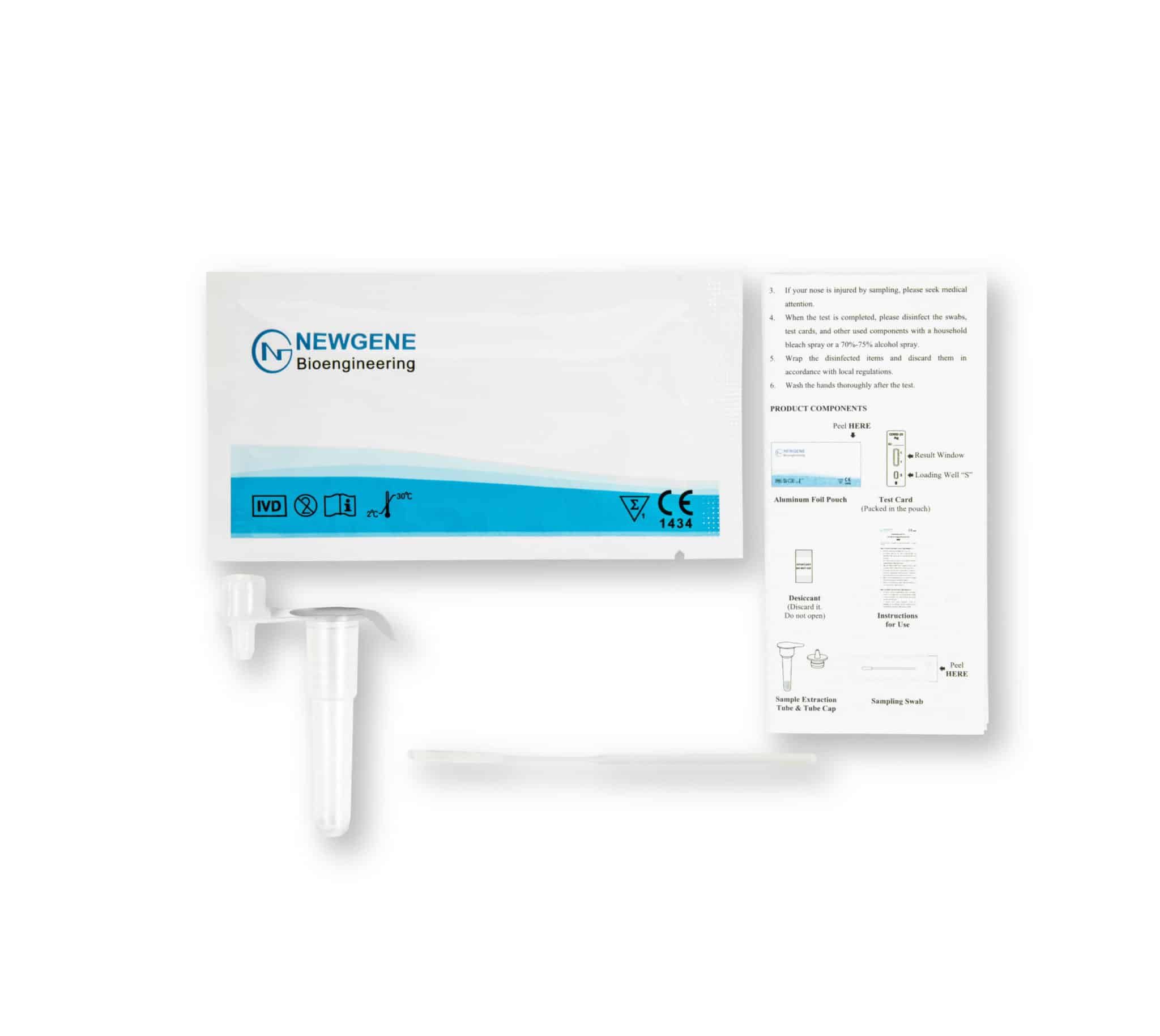 Newgene COVID-19 Antigen Schnelltest-Komponenten: Testkassette, Röhrchen, Tupfer, Anleitung. CE-Kennzeichnung.