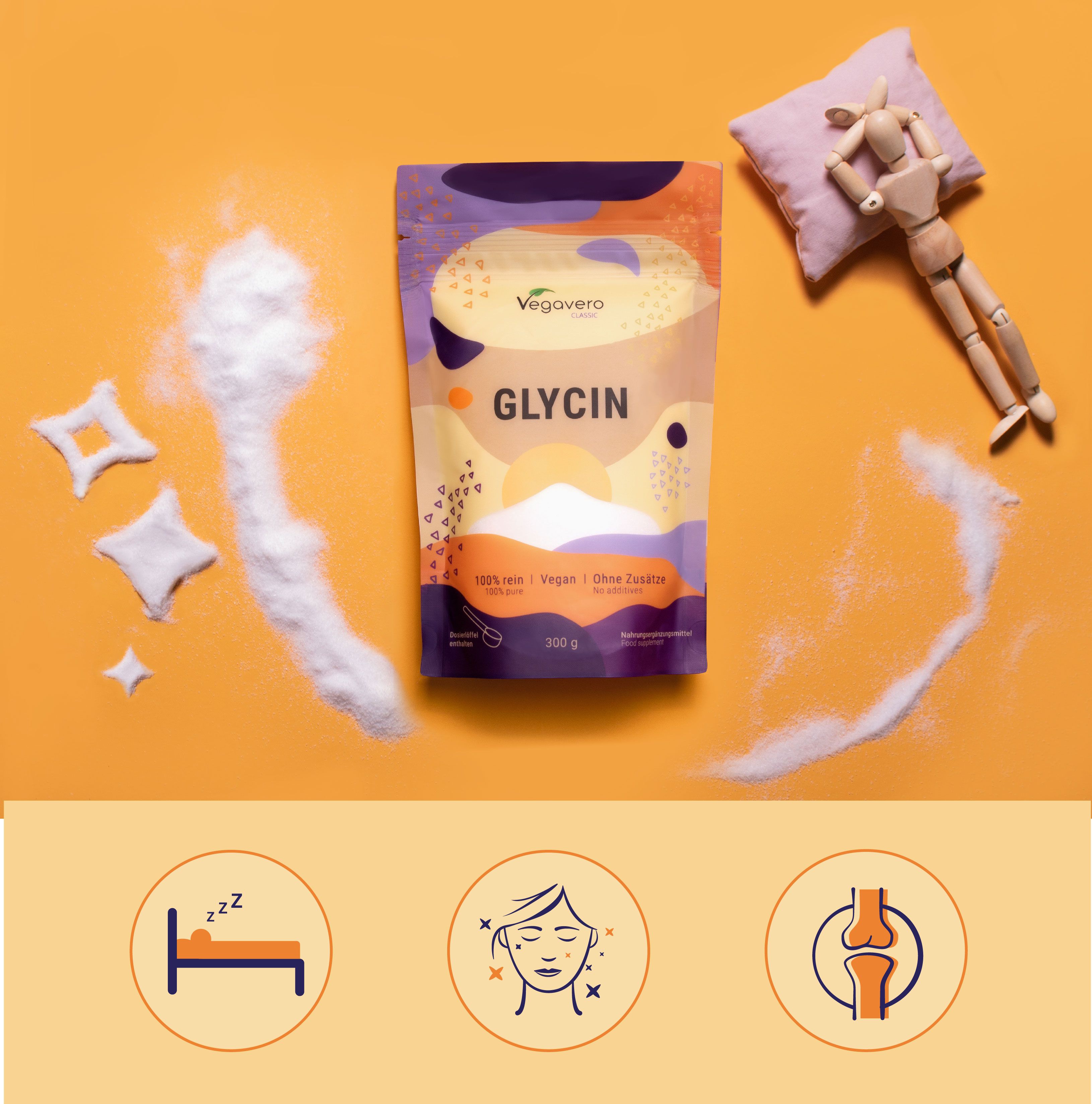 Beutel mit Glycin-Pulver auf orangefarbenem Hintergrund. Streuung von Pulver und Sternen. Illustrationen: Schlaf, Gesicht, Gelenk.
