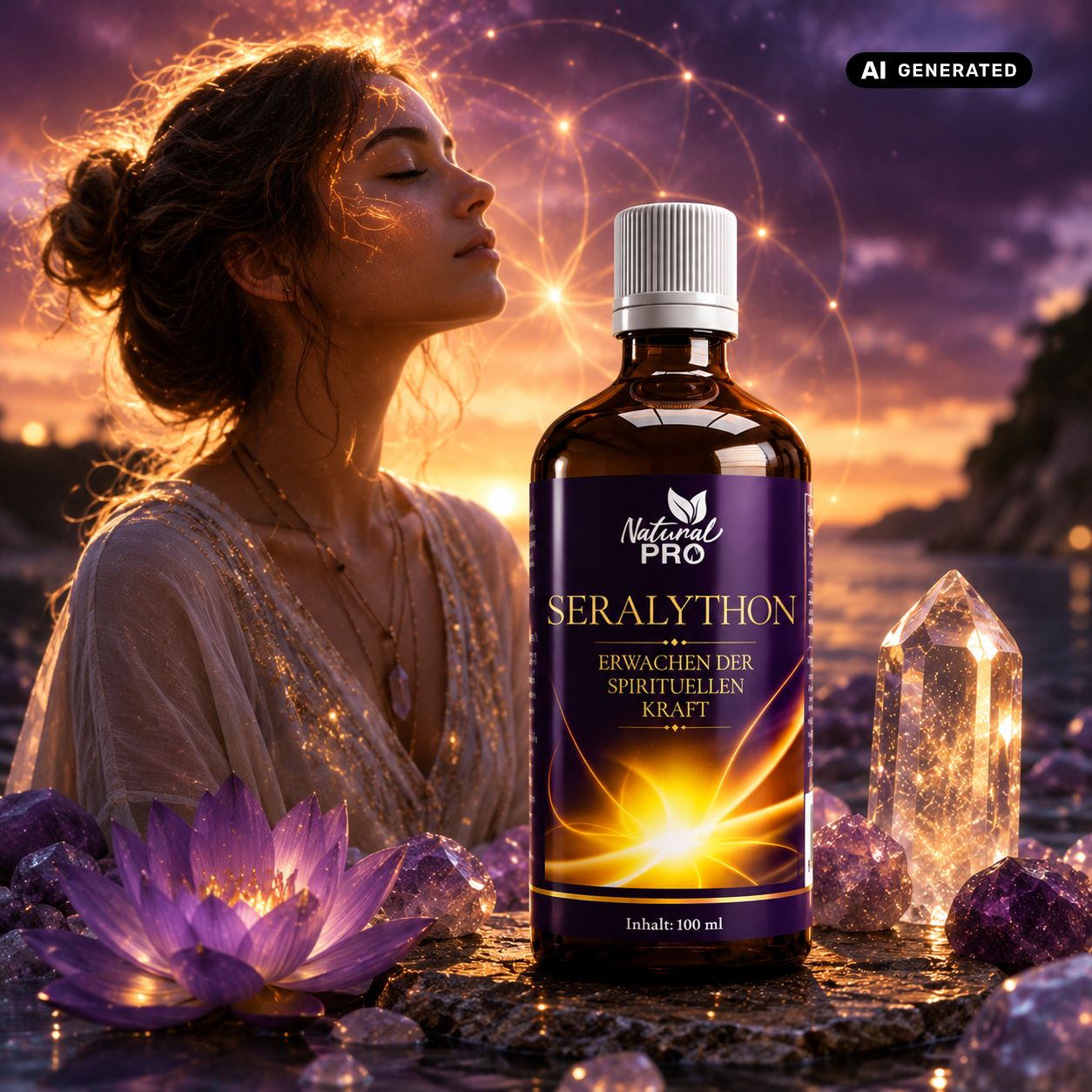Braune Glasflasche mit lila Etikett "Natural PRO SERALYTHON" neben einer Frau. Kristalle und eine Lotusblume sind sichtbar.