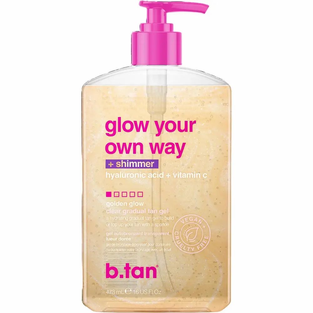 B.tan Glow Your Own Way + Shimmer Golden Glow klarer Bräunungsgel mit Hyaluronsäure und Vitamin C in Pumpspenderflasche.