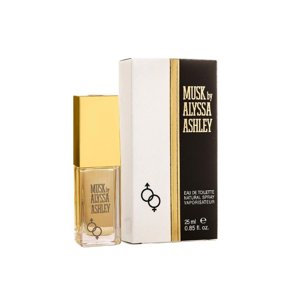 Flakon und Verpackung von Musk by Alyssa Ashley. Rechteckiger Flakon mit goldfarbenem Deckel. Verpackung mit Logo und Produktbezeichnung.