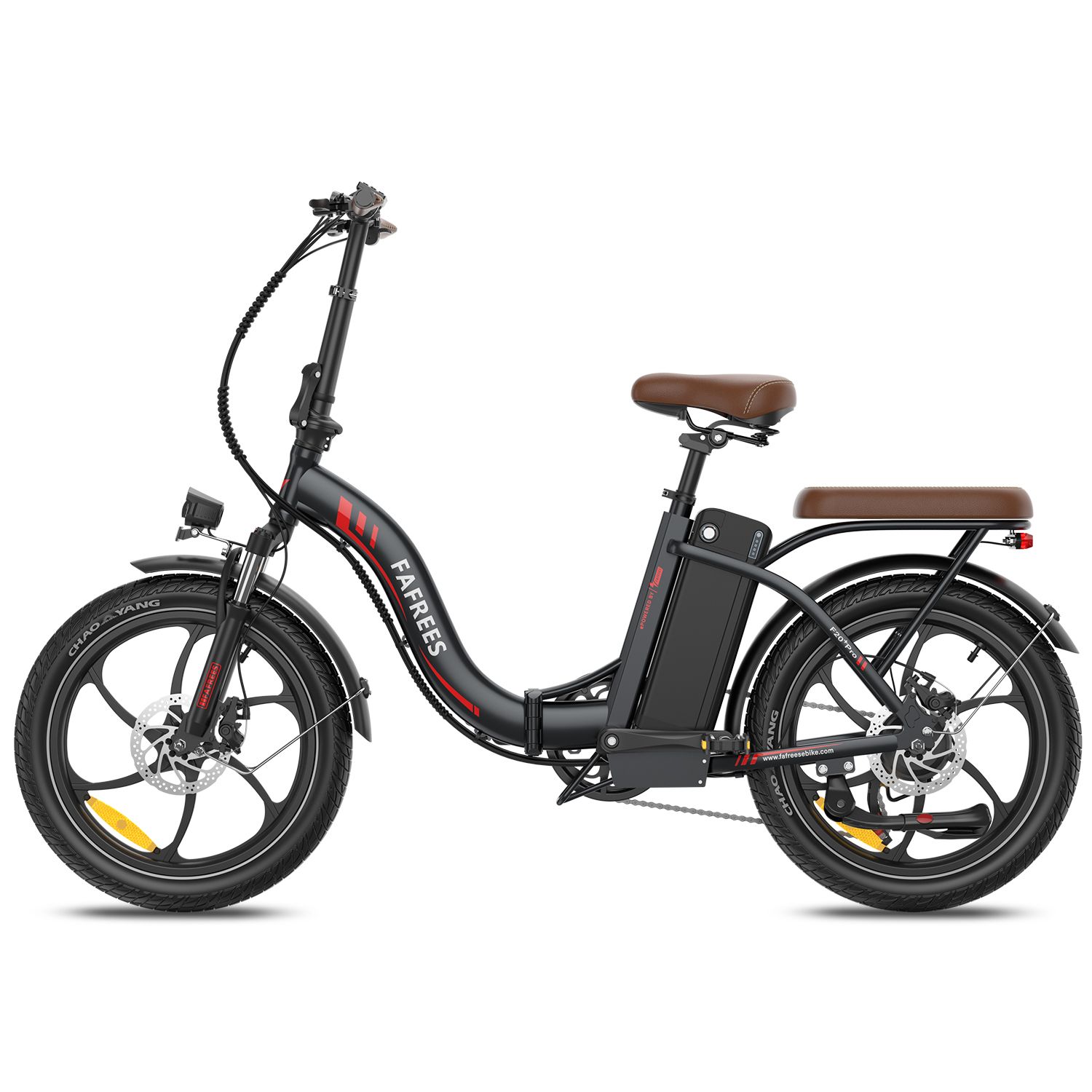 Faltbares E-Bike, schwarz mit braunem Sattel. Marke Fafrees. Sichtbare Details: Räder, Batterie, Schutzbleche.