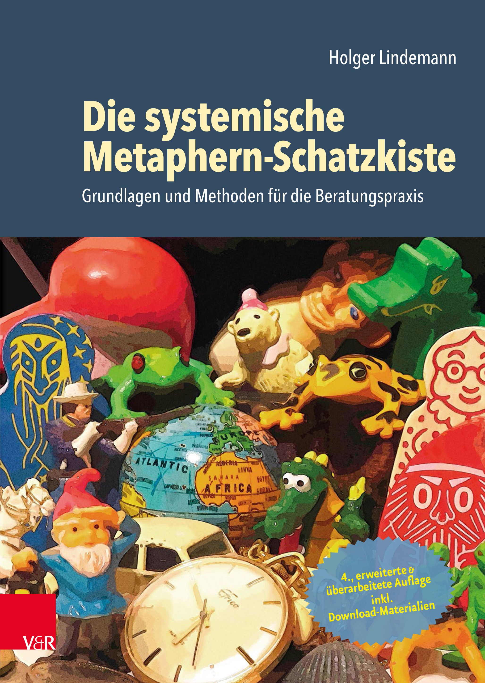 Buchcover mit Titel: Die systemische Metaphern-Schatzkiste. Autor: Holger Lindemann. Bunte Illustrationen mit Spielzeugfiguren.