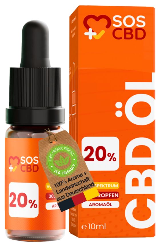 Braune Glasflasche und Verpackung. Etikett: 20%, 300 Tropfen, Aromaöl. Verpackung: SOS CBD Logo, 20%, e 10ml. Anhänger: 100% Organic Product.