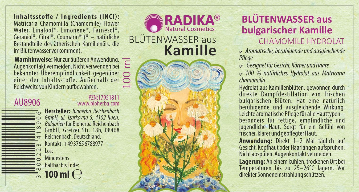 Etikett mit Produktname, Inhaltsstoffen und Text. Illustration einer Frau mit Blumen. 100 ml.