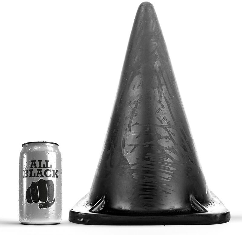Schwarzer Analplug neben einer Dose 'All Black'. Größenvergleich.