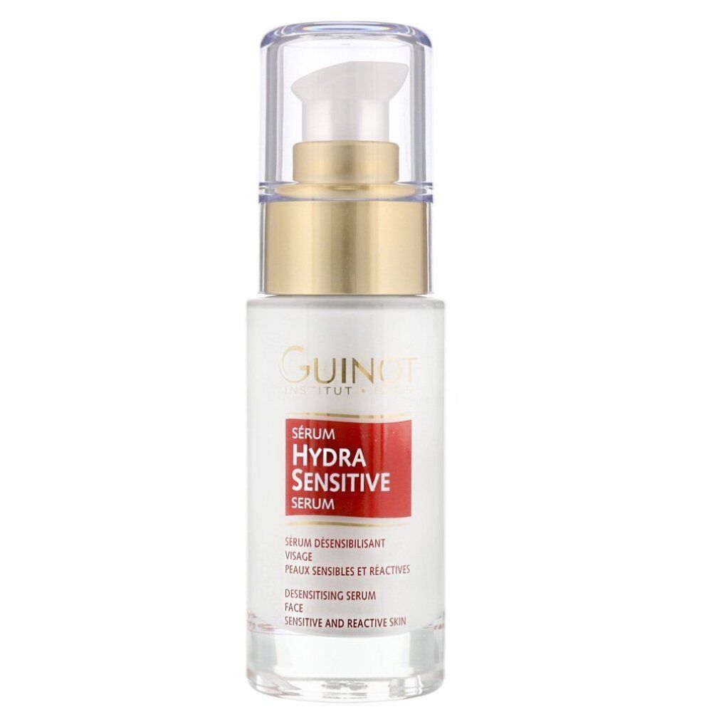 Weißes Serum mit goldfarbenem Verschluss und transparentem Deckel. Roter Aufkleber mit Text: Hydra Sensitive Serum. Guinot-Logo.