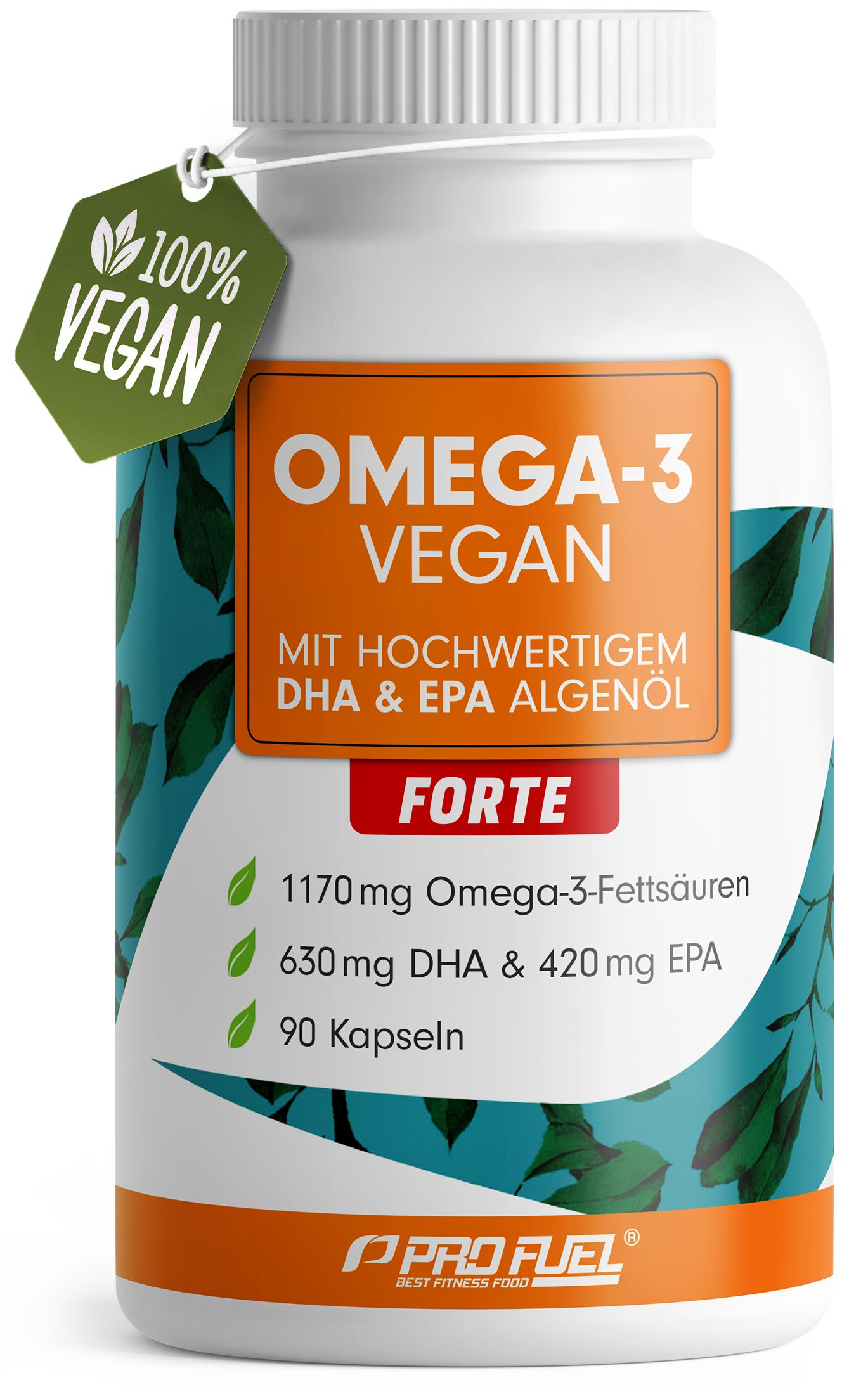 Flasche mit Omega-3 Vegan Forte Kapseln. 100% vegan, hochdosiert mit DHA & EPA Algenöl. 90 Kapseln.