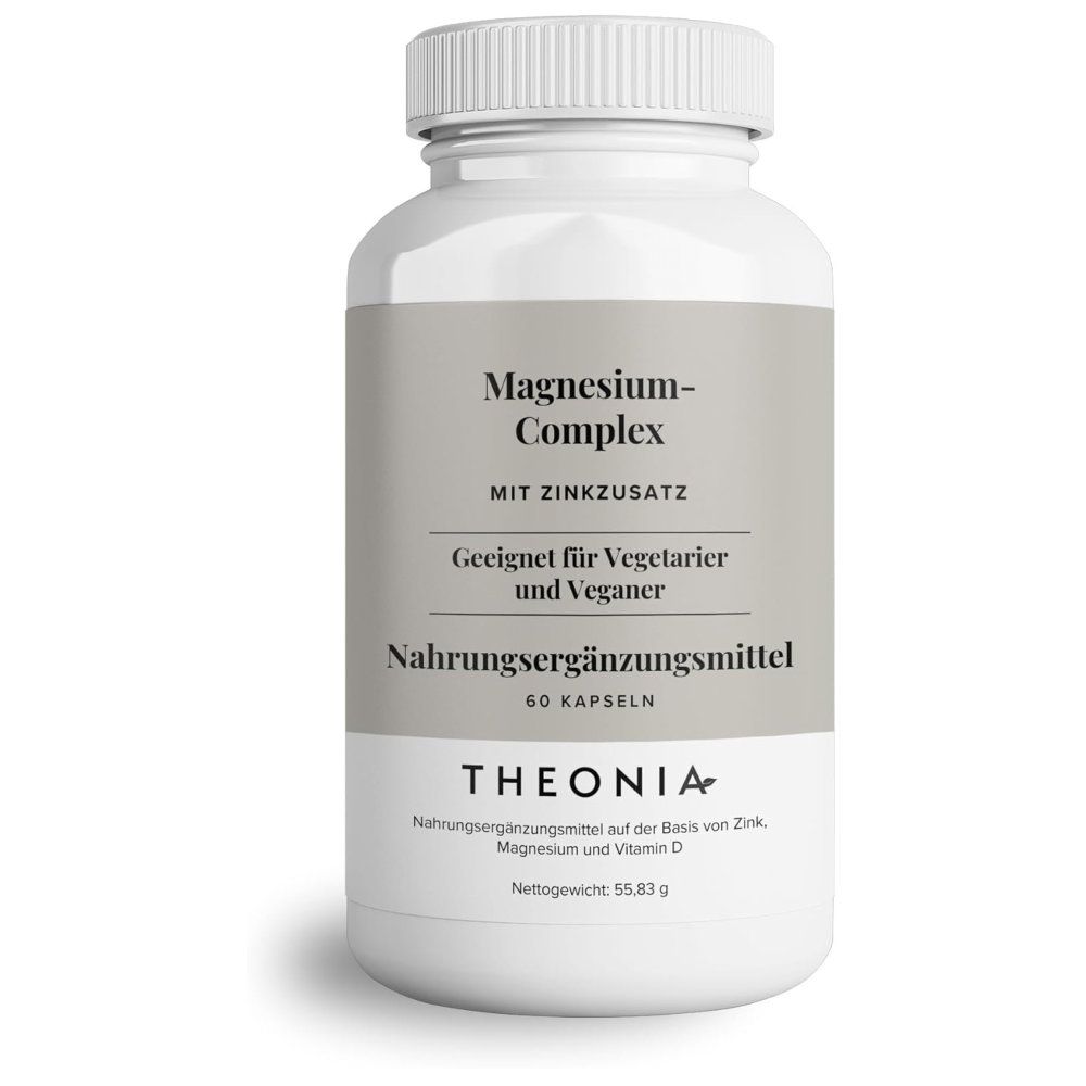 Weiße Flasche mit Kapseln. Etikett mit "Magnesium-Complex", "60 Kapseln" und "Theonia". Geeignet für Vegetarier und Veganer.