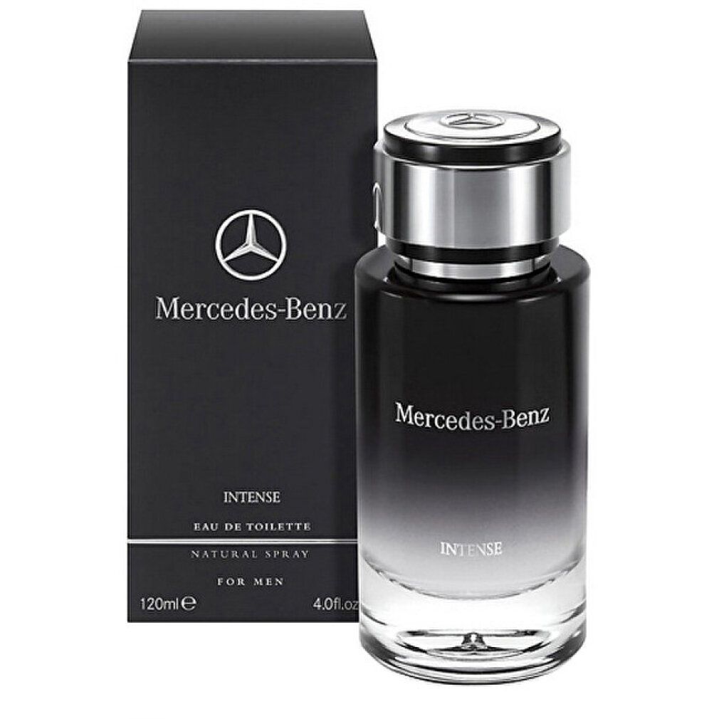 Schwarzer Karton und Flakon. Flakon mit silbernem Verschluss. 'Mercedes-Benz Intense'. 120ml, 4 fl.oz.