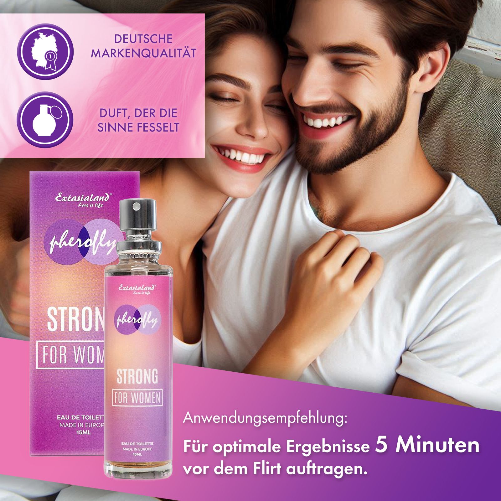 Pherofly Strong for Women Flasche und Verpackung. Flasche mit Sprühkopf, Text: Strong for Women. Verpackung mit Logo und Text.