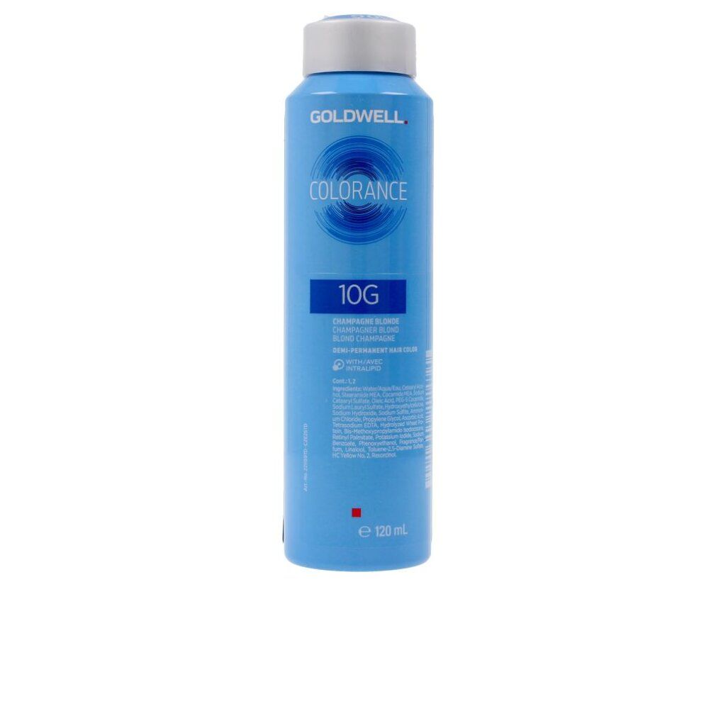 Flasche COLORANCE Haarfarbe, blau. Aufschrift: GOLDWELL, COLORANCE, 10G. Inhalt: 120 ml.