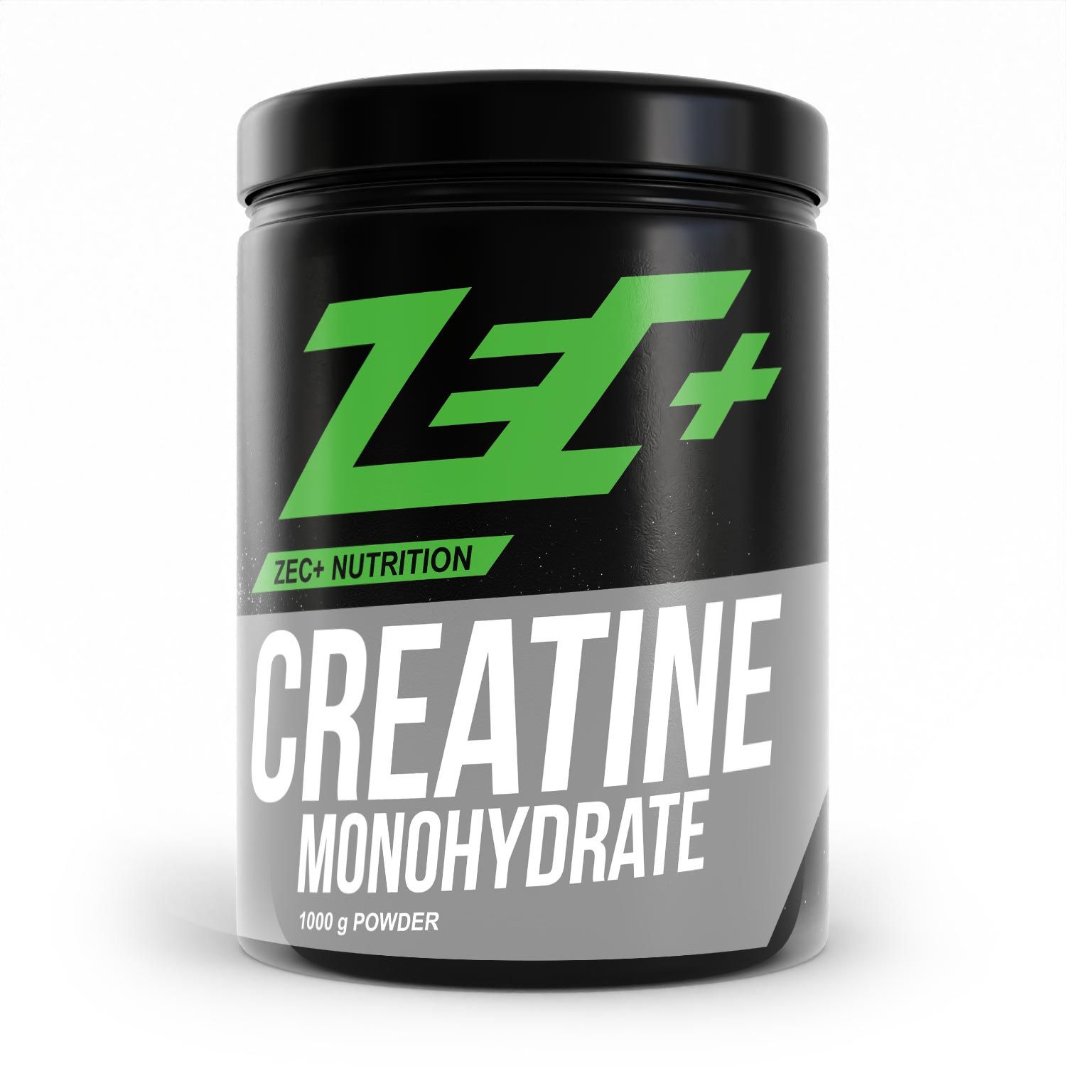 Schwarze Dose mit grünem Logo und Schriftzug CREATINE MONOHYDRATE. ZEC+ Nutrition. 1000 g Pulver.