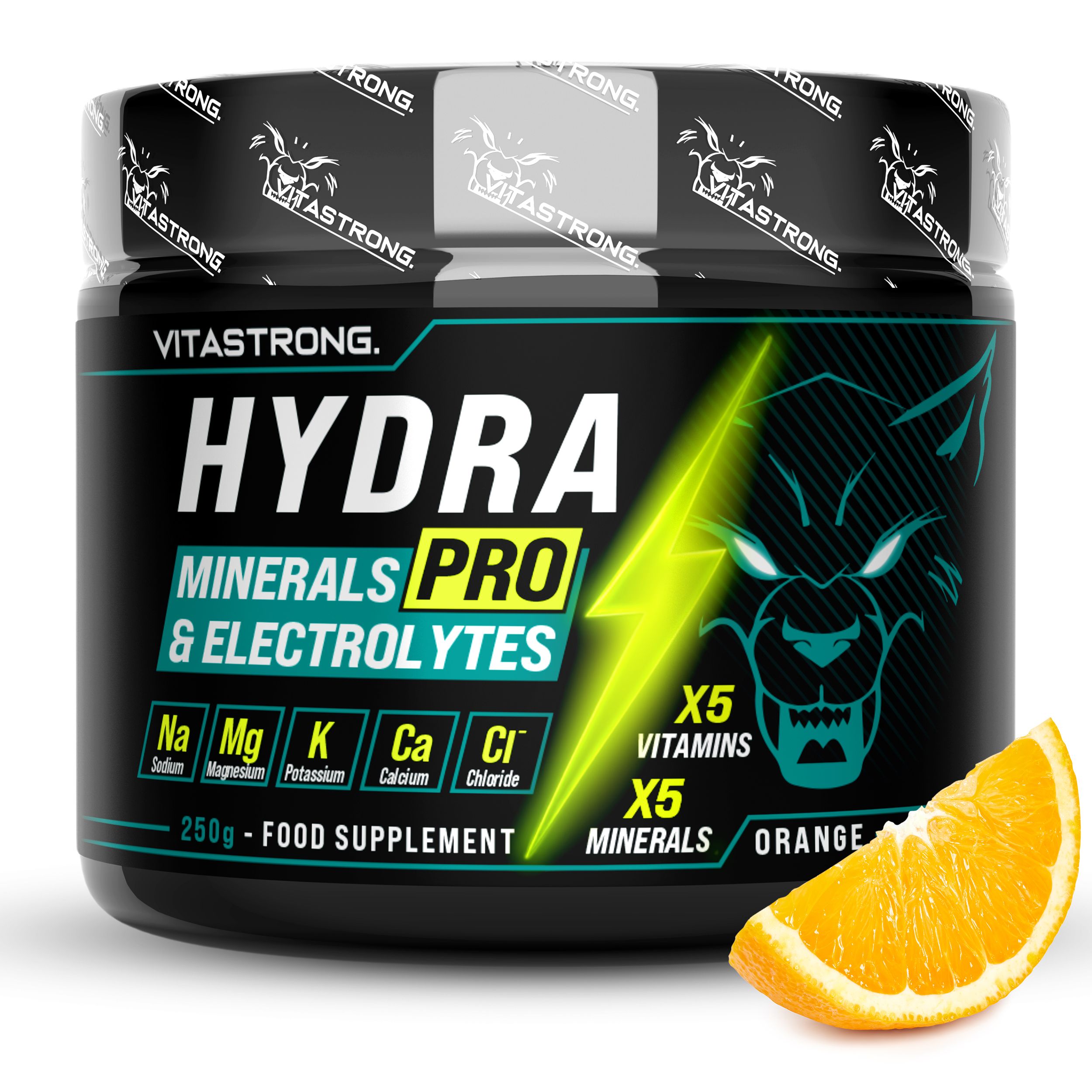 Schwarze Dose mit "HYDRA PRO" und Inhaltsstoffen. Orange-Geschmack. 250g. Vitastrong.