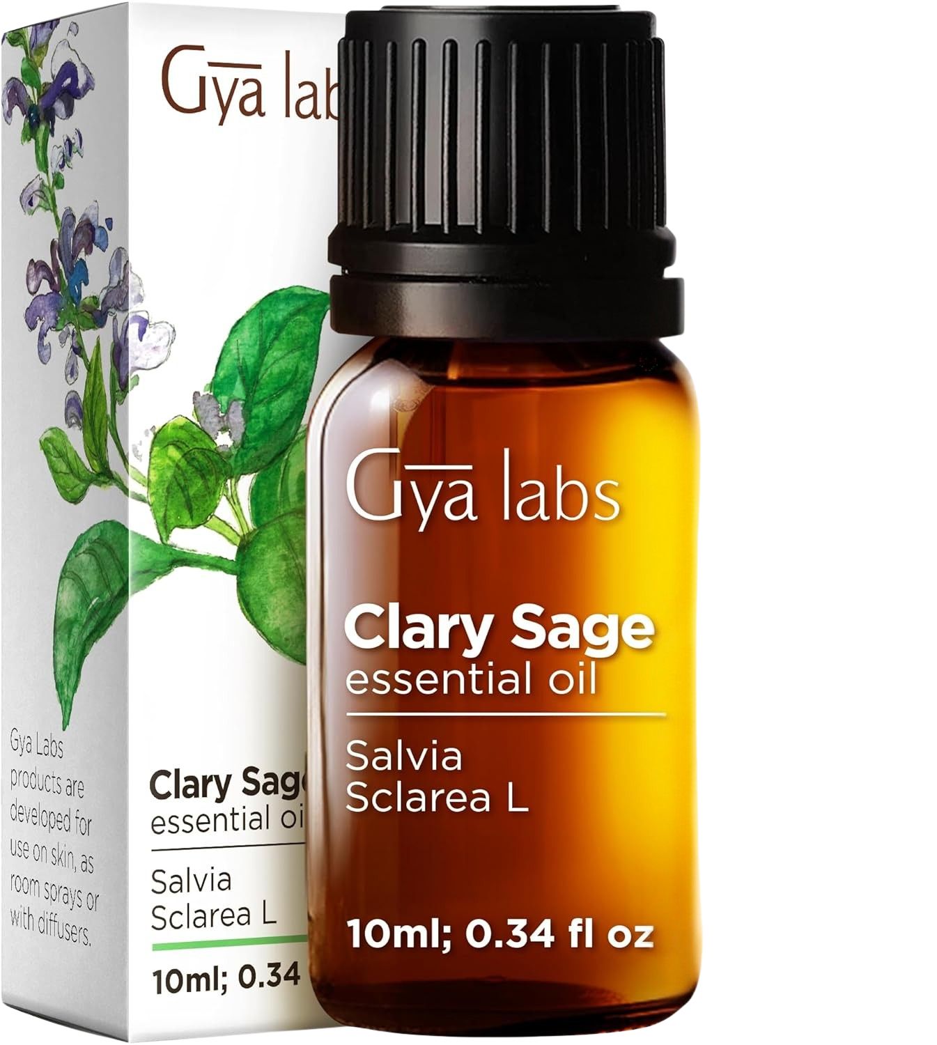 Braune Glasflasche mit schwarzem Deckel. Text: Gya Labs, Clary Sage essential oil, 10ml; 0.34 fl oz. Mit Verpackung.