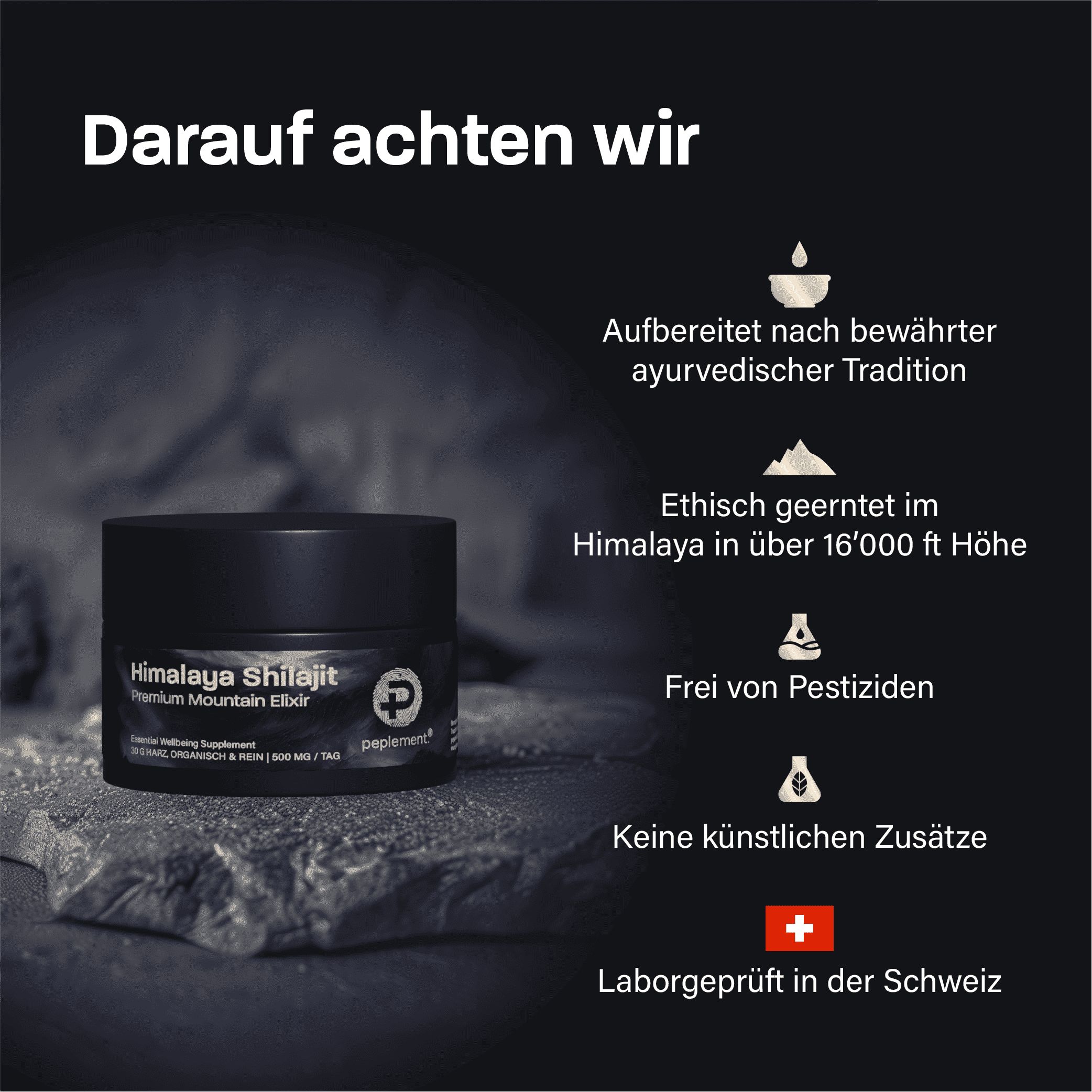 Schwarzes Glas mit Himalaya Shilajit, Premium Mountain Elixir. Laborgeprüft in der Schweiz.