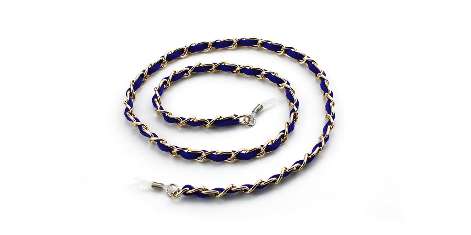 Brillenkette, blaues Band mit goldfarbener Kette. Enden mit Schlaufen zur Befestigung an Brillenbügeln.