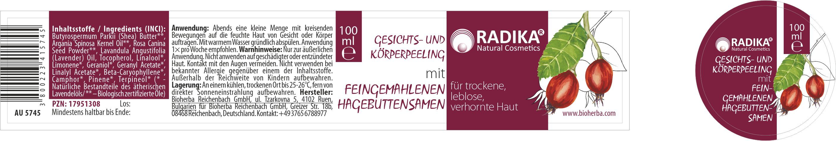 Etikett und Deckel mit Aufschrift: Gesichts- und Körperpeeling mit Feingemahlenen Hagebuttensamen. Marke Radika.