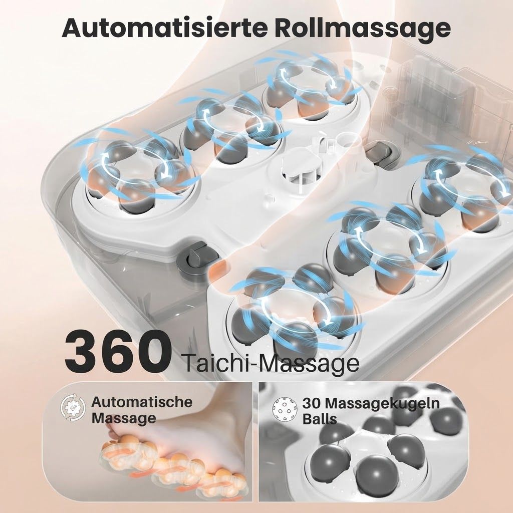 Fußmassagegerät mit rotierenden Kugeln und Wasserstrahlen, mit zusammenklappbarer Einheit daneben.