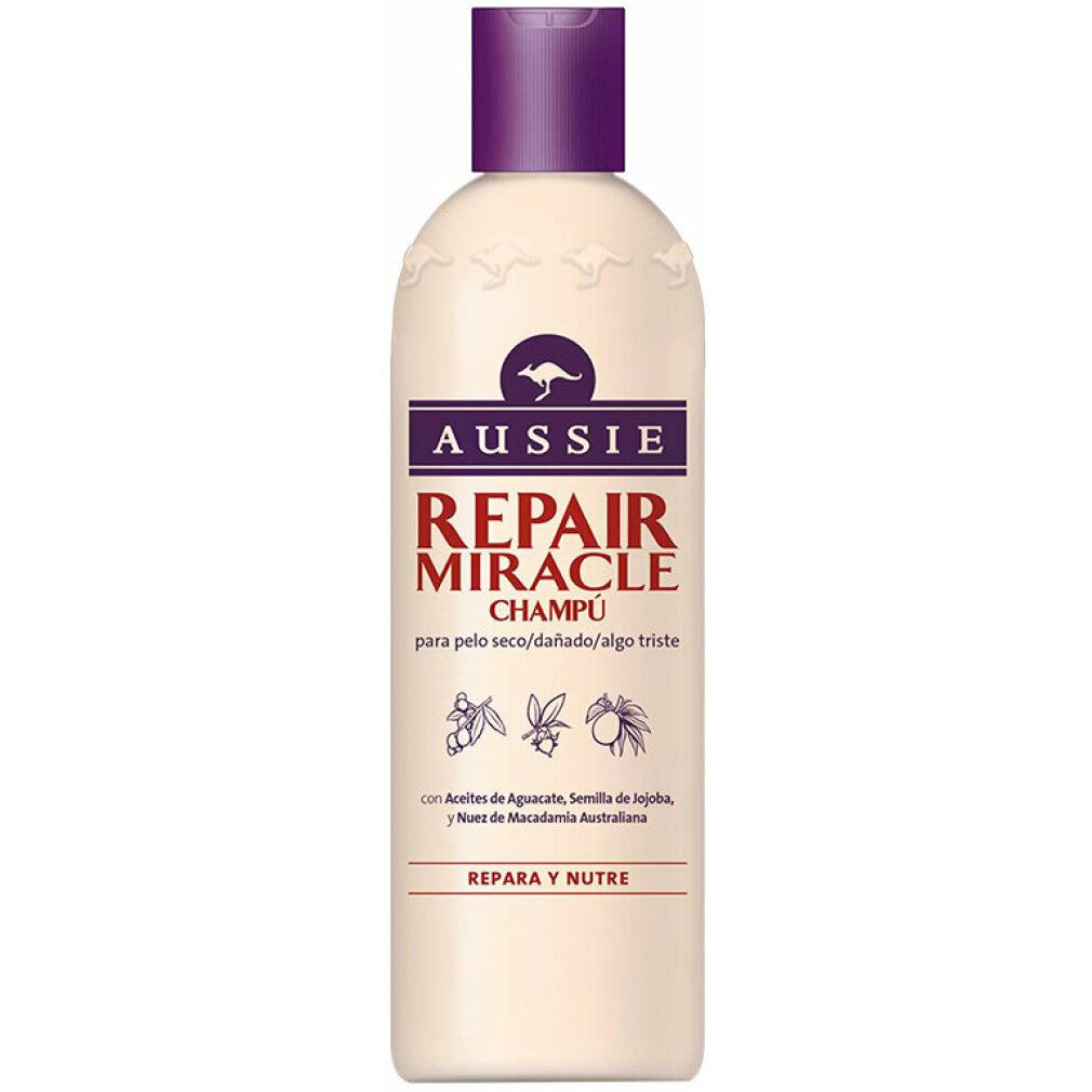 Beige Shampoo-Flasche mit lila Deckel. Aufschrift: Aussie Repair Miracle Champú. Mit Känguru-Logo.