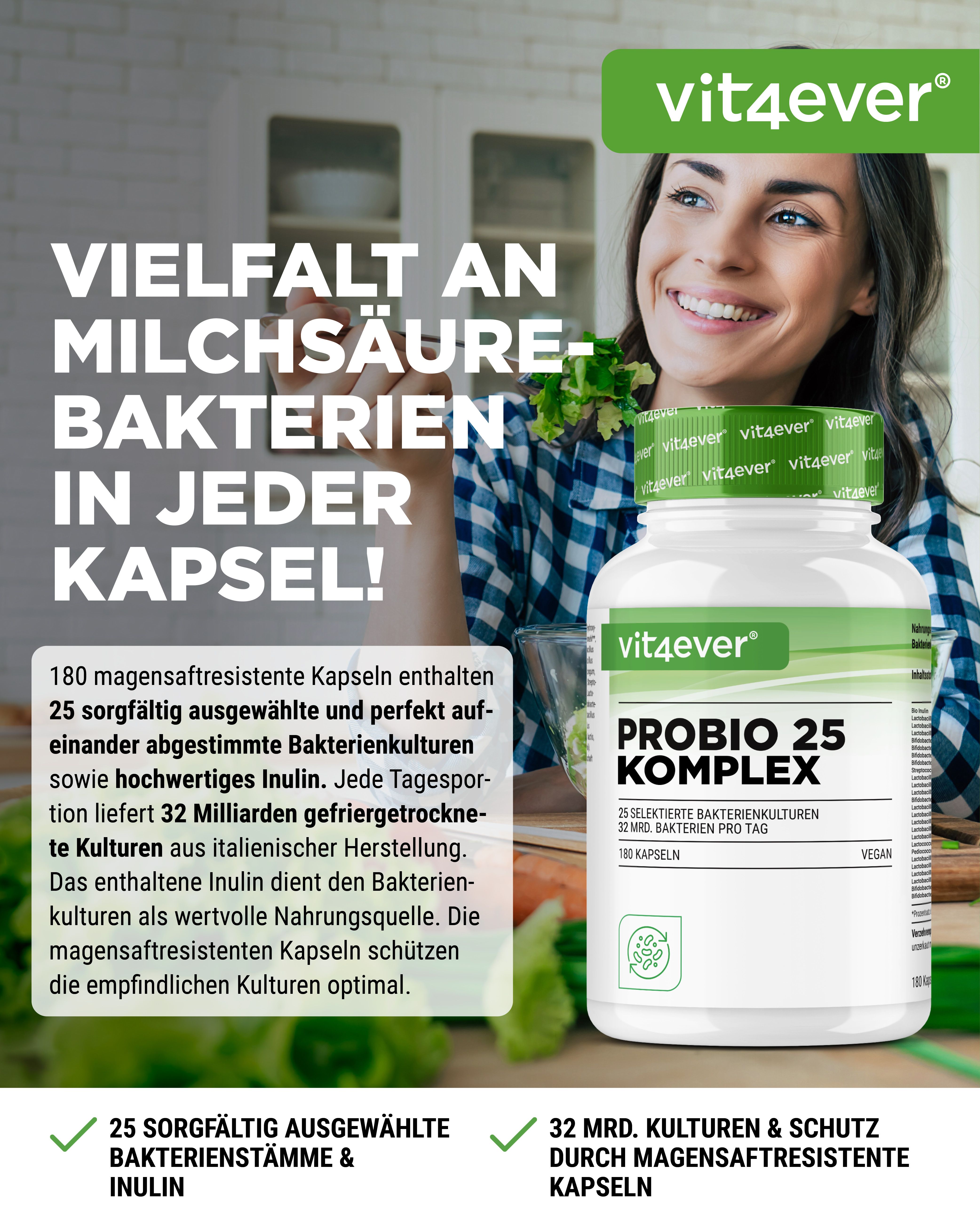 Vit4ever Probio 25 Komplex Kapseln: 180 magensaftresistente Kapseln mit 25 Bakterienkulturen und Inulin.