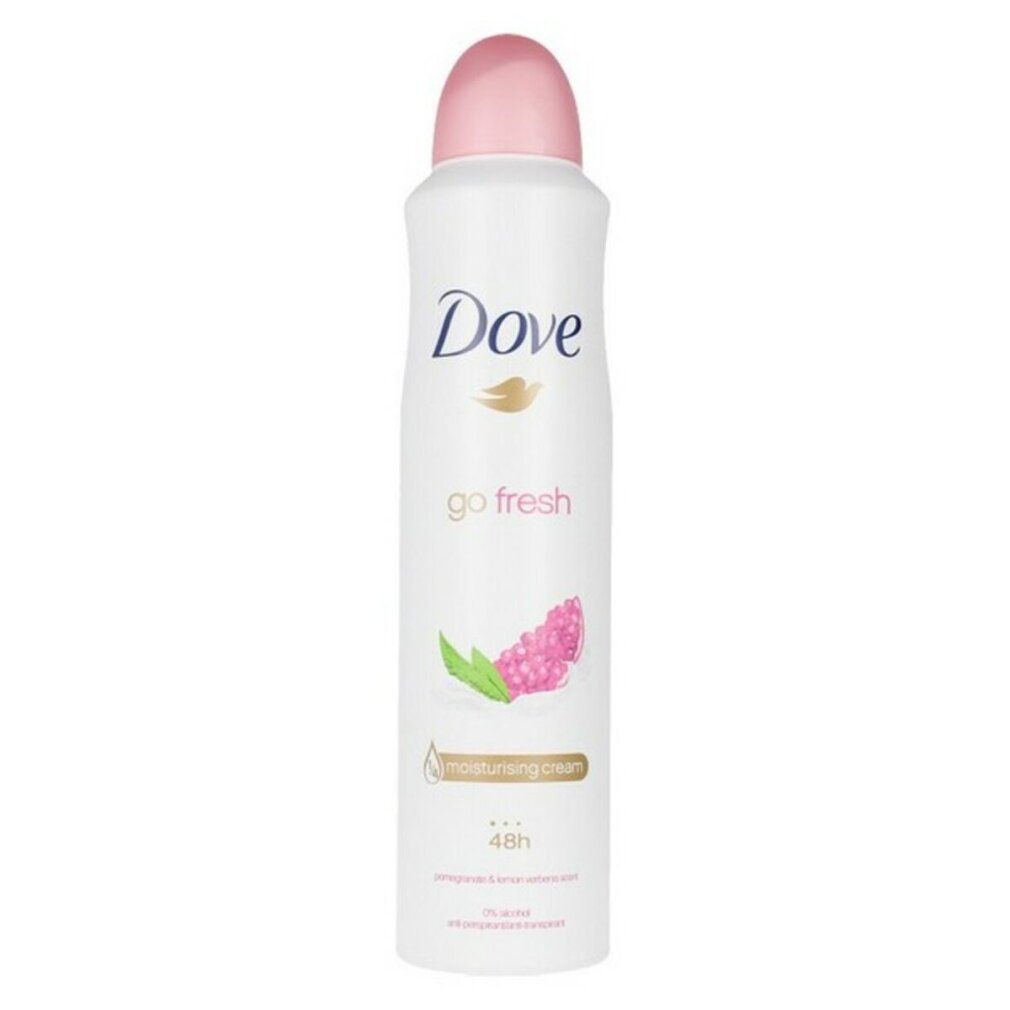 Weißes Deodorant mit rosa Kappe. Aufschrift Dove, go fresh, Granatapfel-Motiv. 48h Schutz.