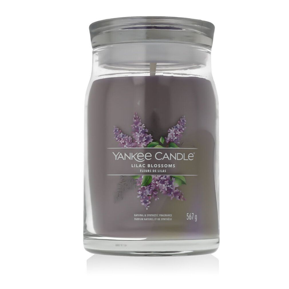 Glas-Duftkerze mit Deckel. Fliederblüten-Motiv und Schriftzug. 567g. Marke Yankee Candle.