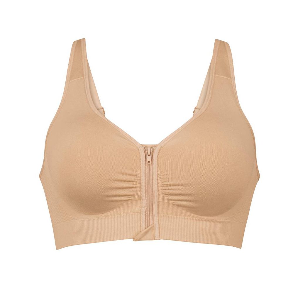 Beige Sport-BH mit Reißverschluss vorne und breiten Trägern.