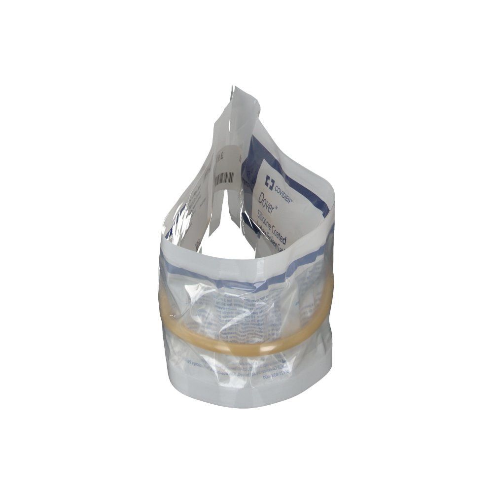 Katheter in geöffneter Verpackung. Gelber Katheter sichtbar. Transparente Verpackung mit blauen Streifen und Text. Marke Dover.