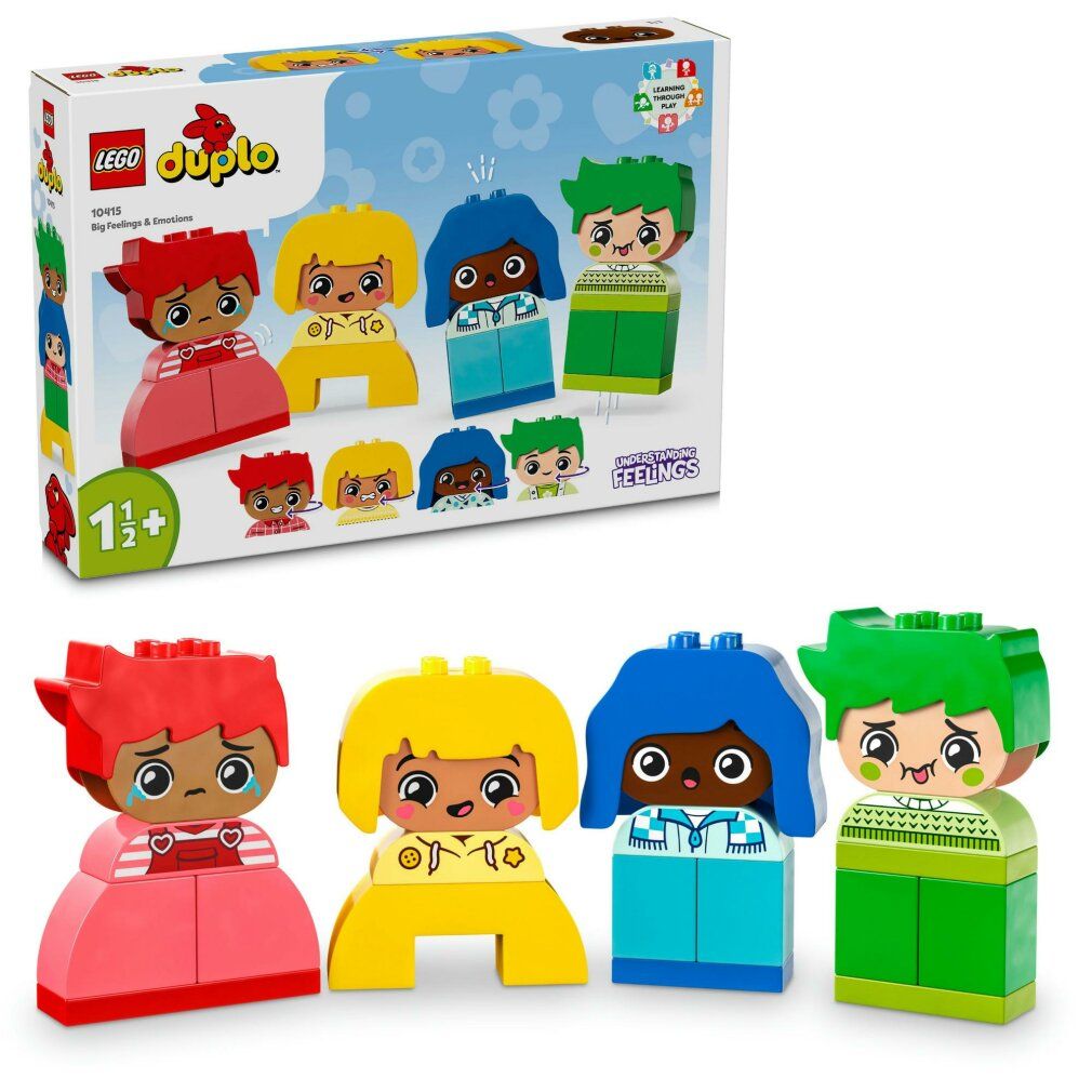 LEGO DUPLO-Set. Vier Figuren in Rot, Gelb, Blau und Grün. Figuren mit Gesichtsausdrücken. Verpackung mit Produktnamen und Altersempfehlung.