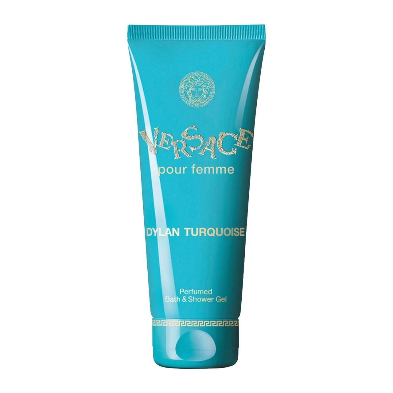 Türkisfarbene Tube. Aufschrift: Versace pour femme, Dylan Turquoise. Duschgel. Goldene Schrift.