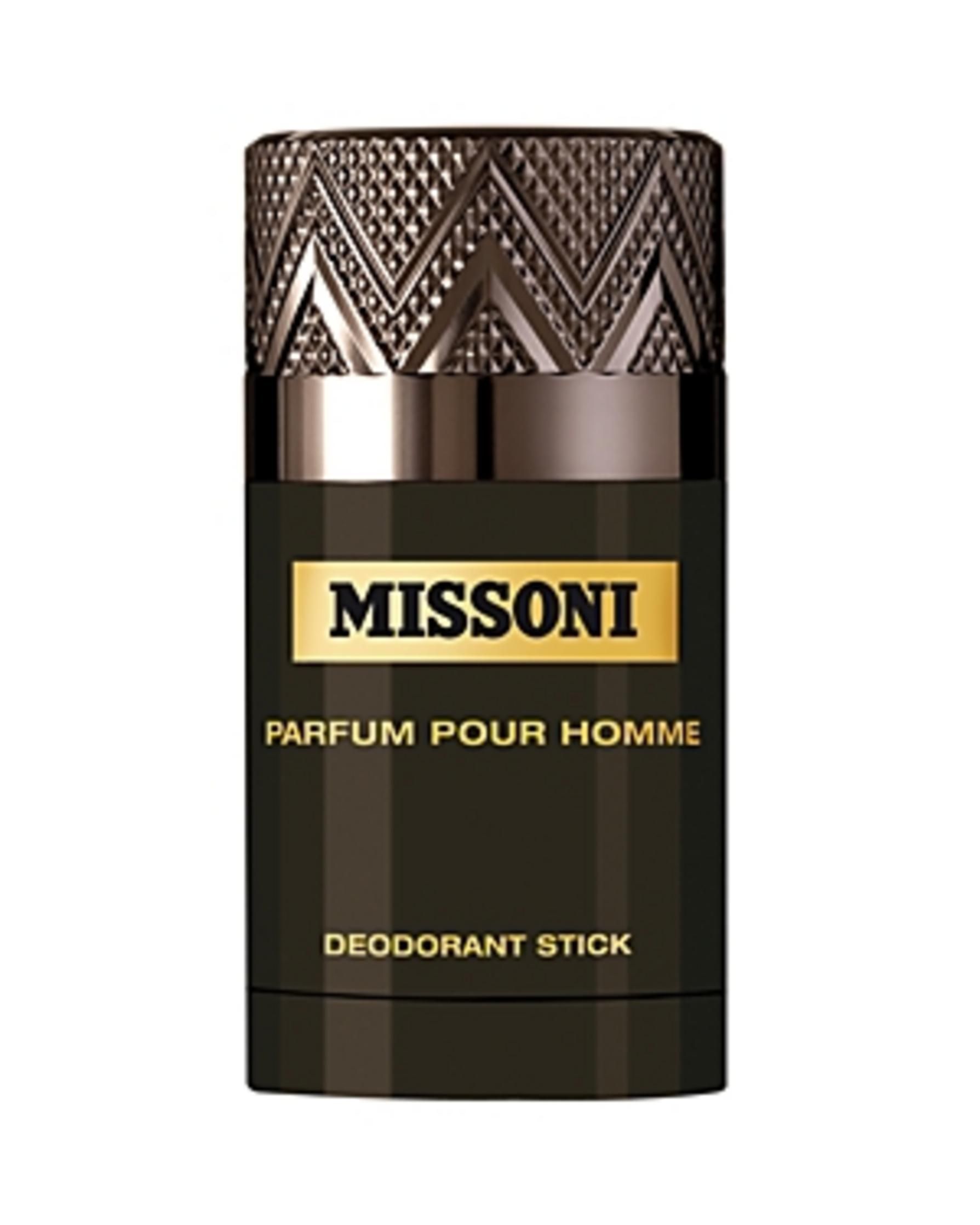 Missoni Deodorant Stick für Herren. Schwarzer Behälter mit goldfarbenem Etikett und strukturiertem Deckel.