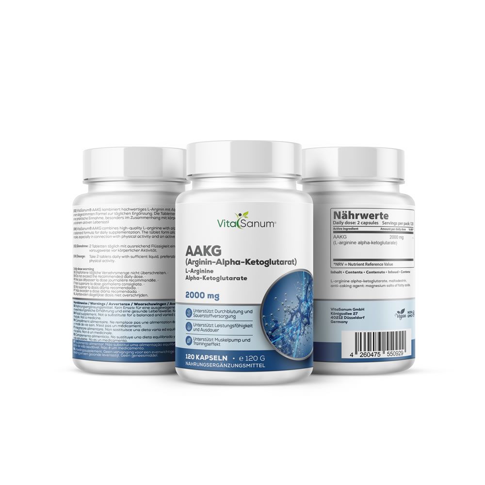 Drei VitaSanum AAKG Kapseldosen. Vorderste Dose zeigt 120 Kapseln, 2000 mg L-Arginin-Alpha-Ketoglutarat.