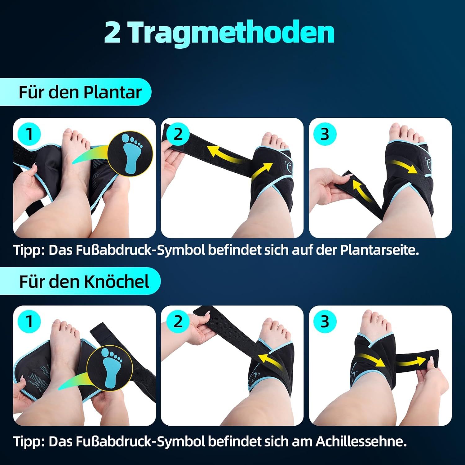 Zwei blaue Knöchel-Kühlbandagen, eine mit Nylon- und eine mit Plüschseite.