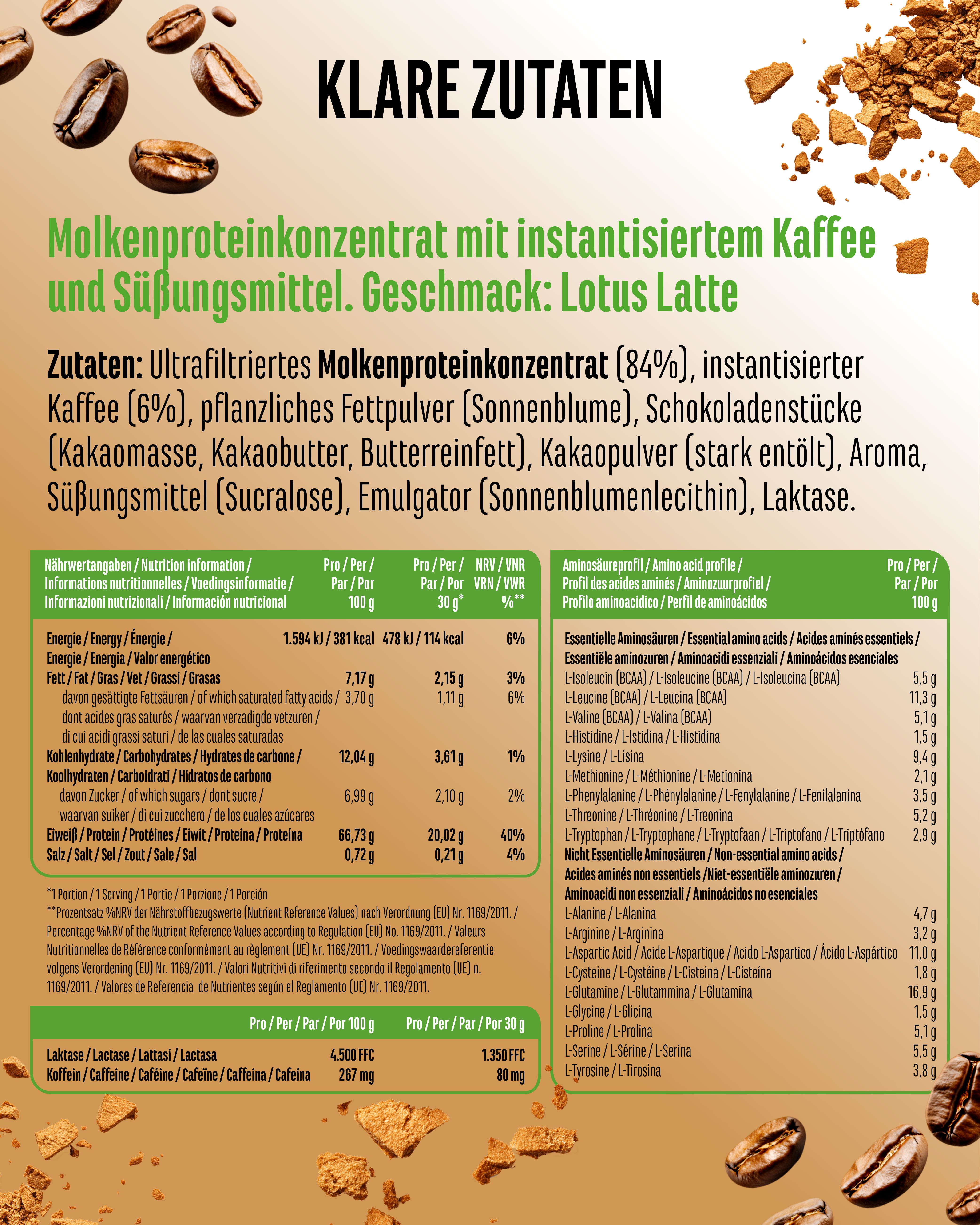 Nährwertinformationen und Zutatenliste für "Lotus Latte" Geschmack. Enthält Molkenproteinkonzentrat, Kaffee und Süßungsmittel.
