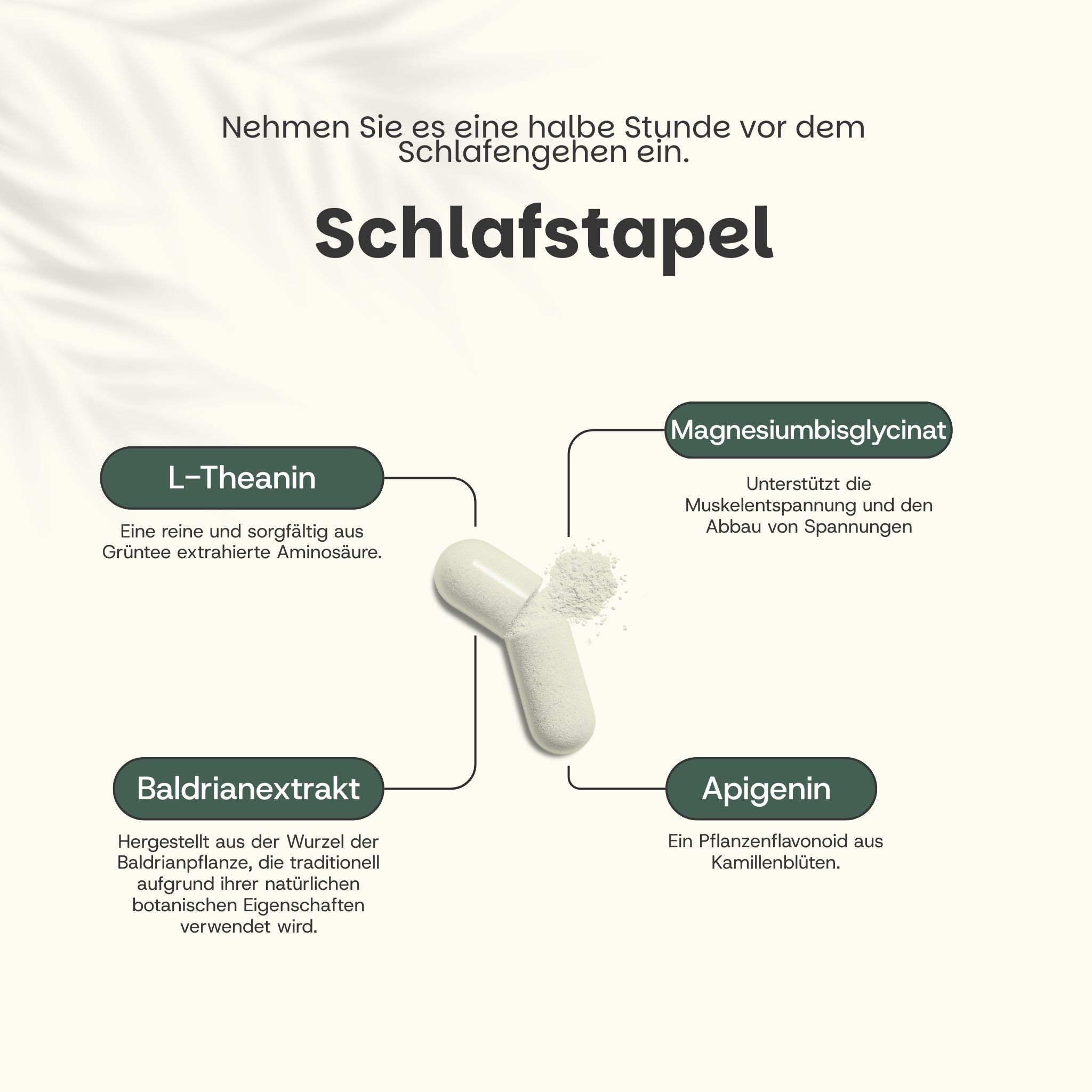 Text: 'Schlafstapel'. Kapsel mit Inhaltsstoffen: L-Theanin, Magnesium, Baldrian, Apigenin. Weiße Kapsel mit Pulver.