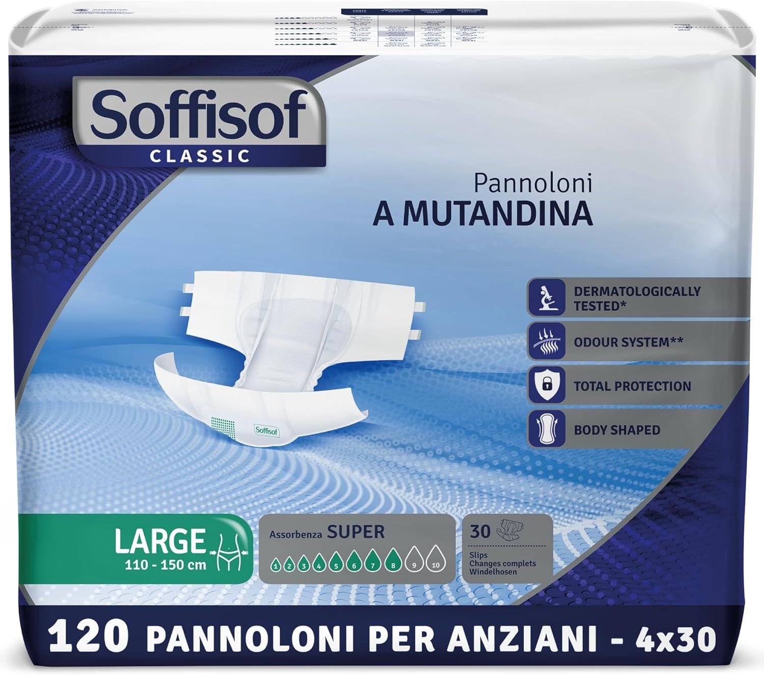 Soffisof Classic Windeln, Größe Large, 110-150 cm. 120 Stück. Super Saugfähigkeit. Dermatologisch getestet.