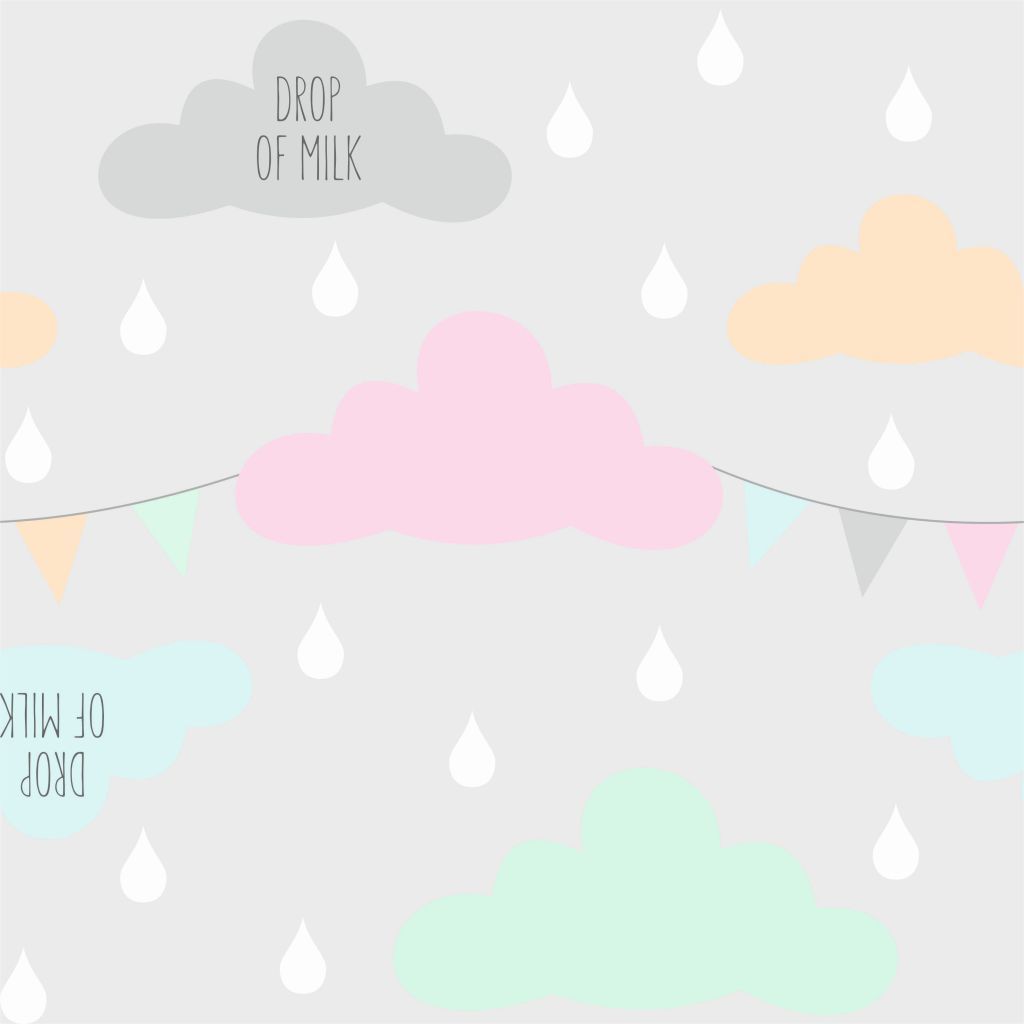 Detailansicht des Stoffmusters. Hellgrauer Hintergrund mit Wolken, Tropfen und Wimpelkette. Text: DROP OF MILK.