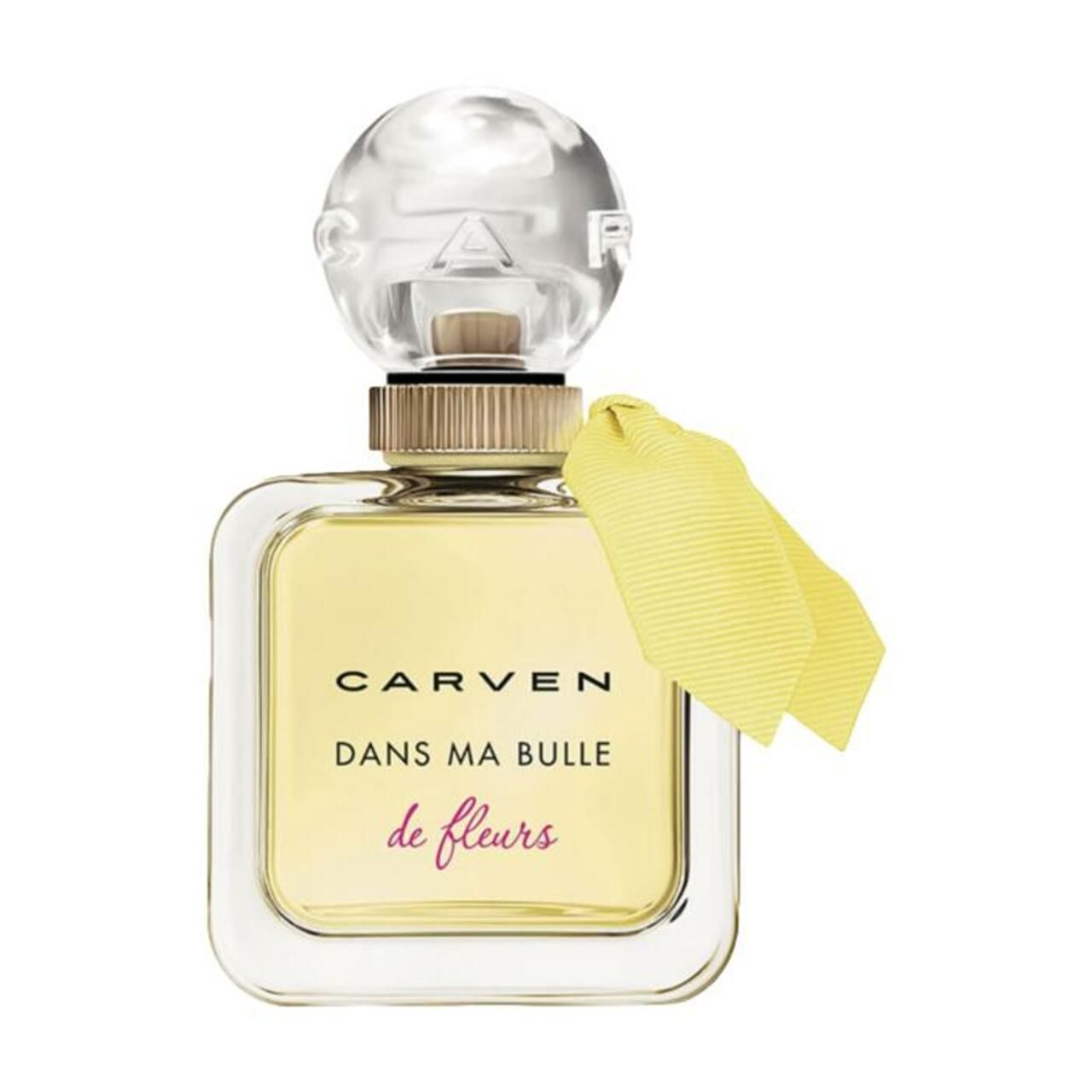 Quadratischer Flakon mit gelber Flüssigkeit. Aufschrift: Carven, Dans Ma Bulle de Fleurs. Gelbes Band. Transparenter Deckel.