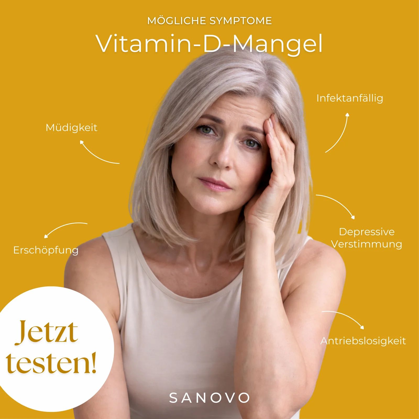 Vitamin-D-Mangel Symptome: Müdigkeit, Erschöpfung, Infektanfälligkeit, depressive Verstimmung, Antriebslosigkeit.