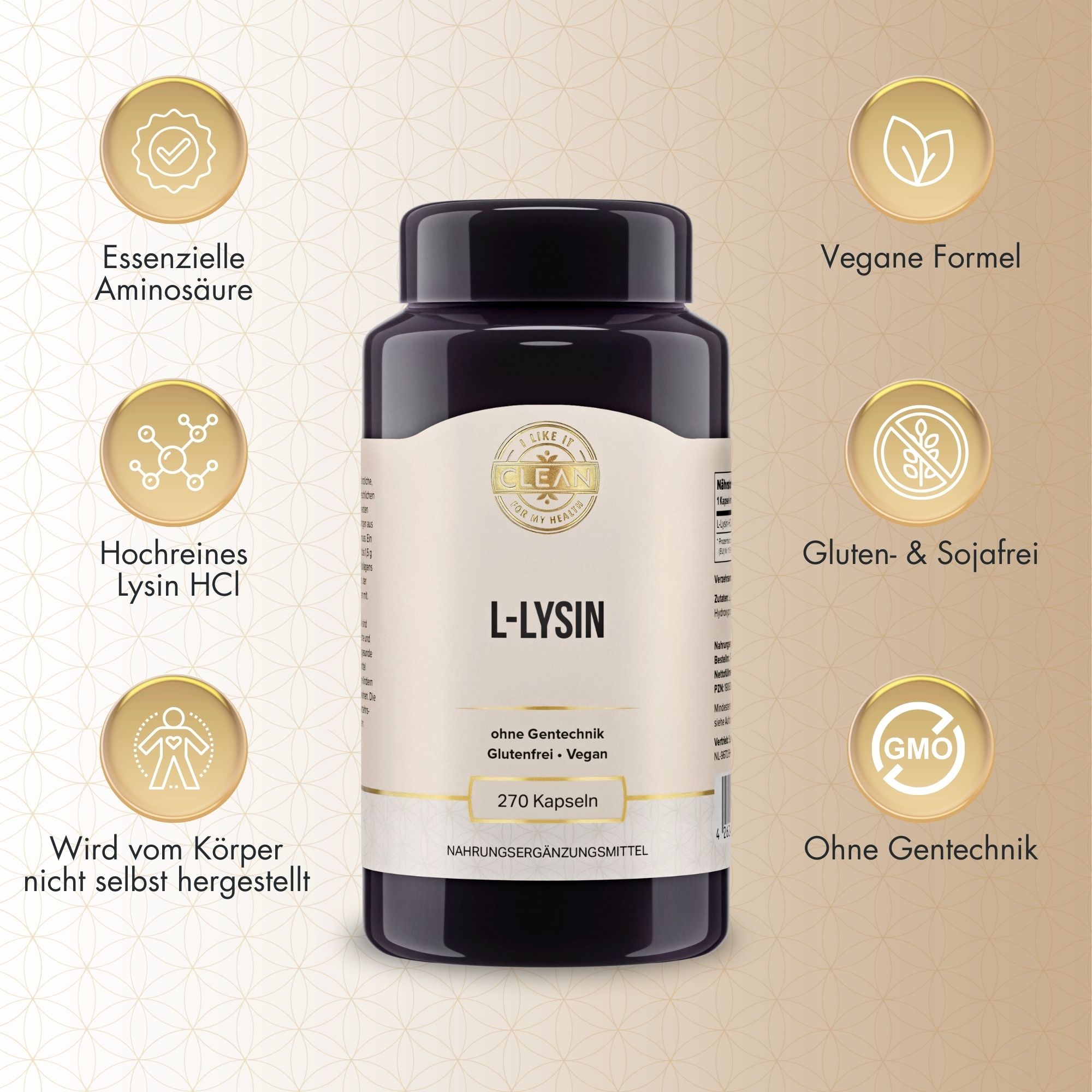 Dunkle Flasche mit L-Lysin-Kapseln. Aufschrift: L-LYSIN, 270 Kapseln. Vegan, glutenfrei, ohne Gentechnik. Zusätzliche Symbole.