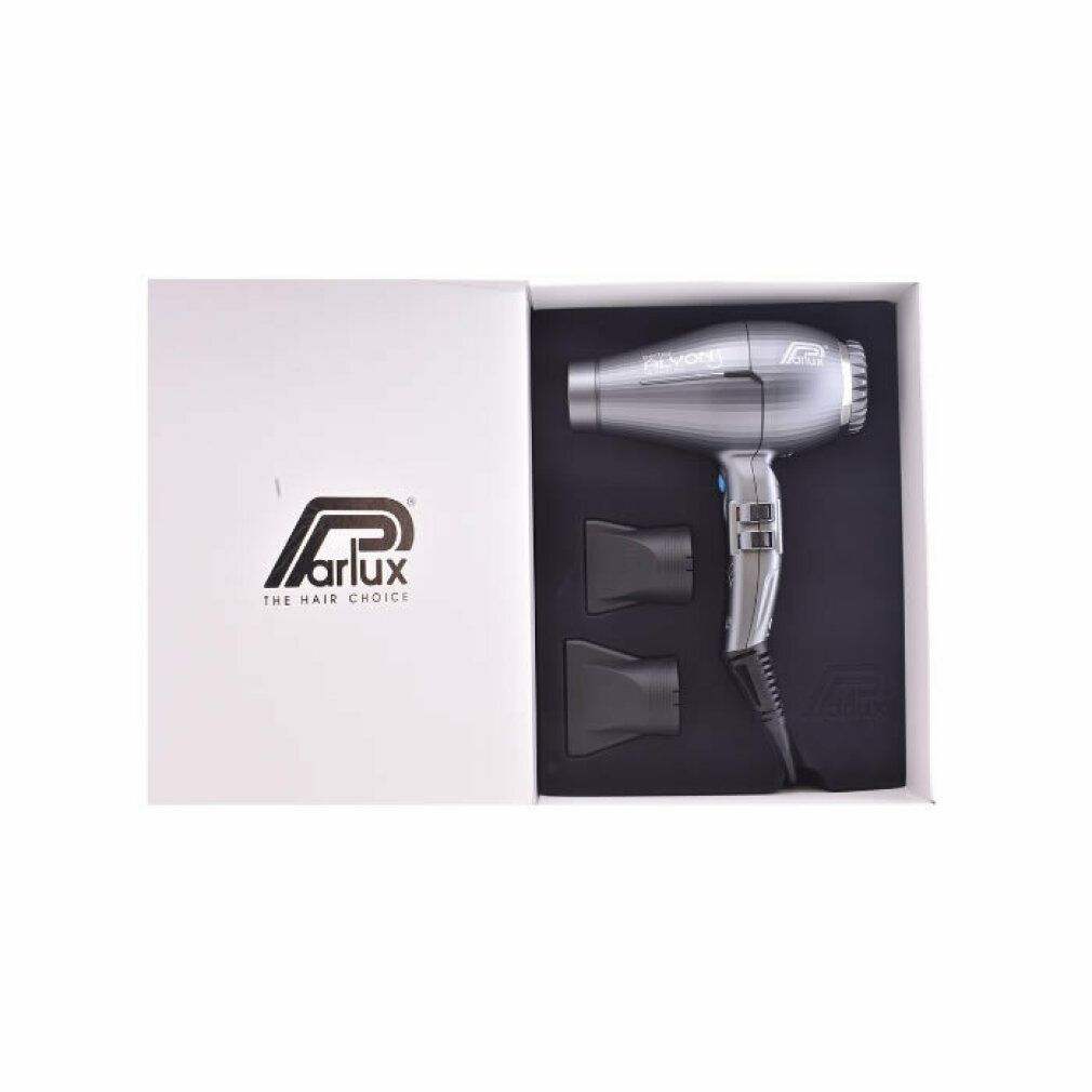 Grauer Haartrockner Parlux Alyon in weißer Verpackung. Zwei Aufsätze. Logo und Produktname auf der Verpackung.